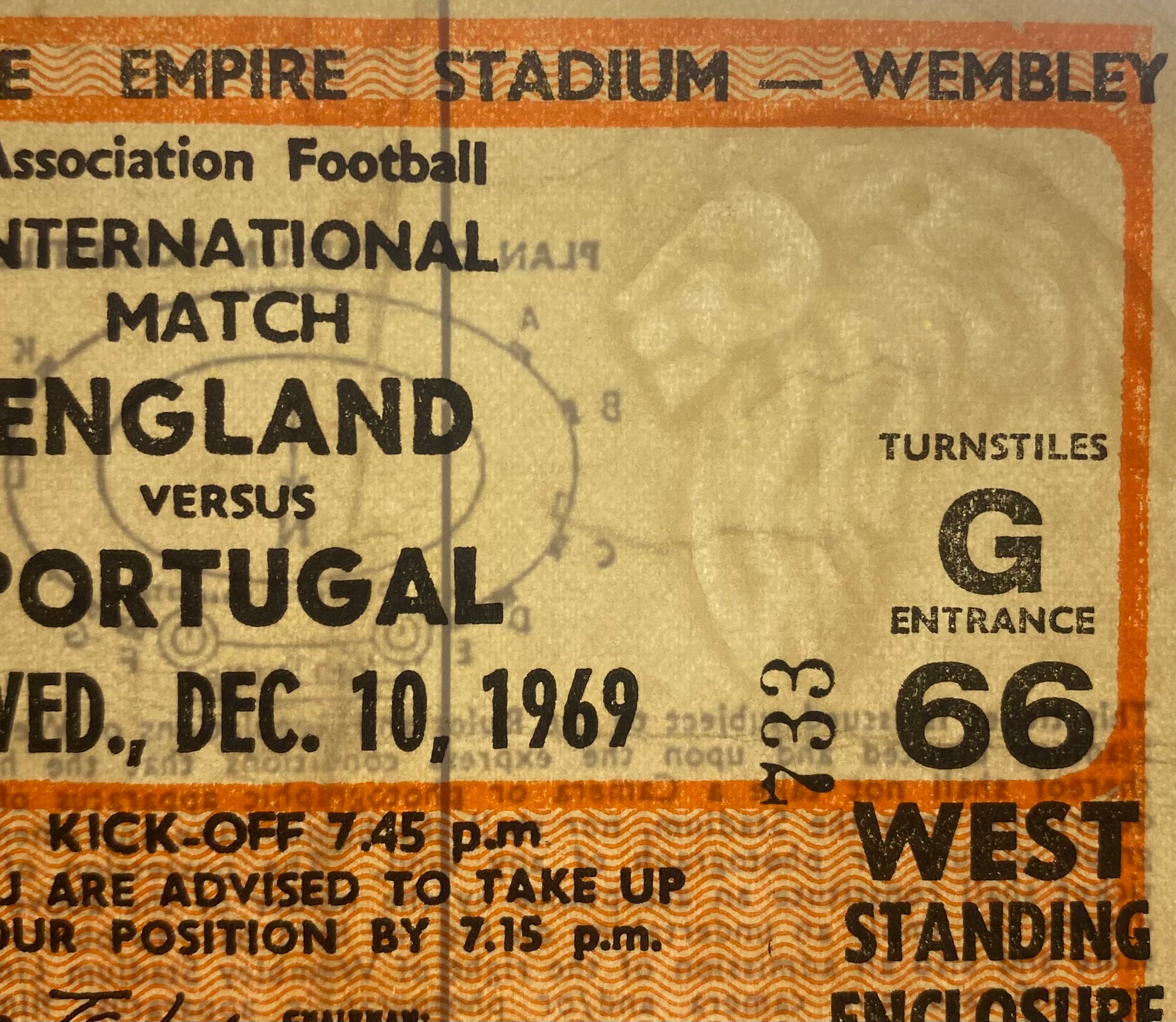 1969 ORIGINAL INTERNATIONAL TICKET ENGLAND V PORTUGAL
