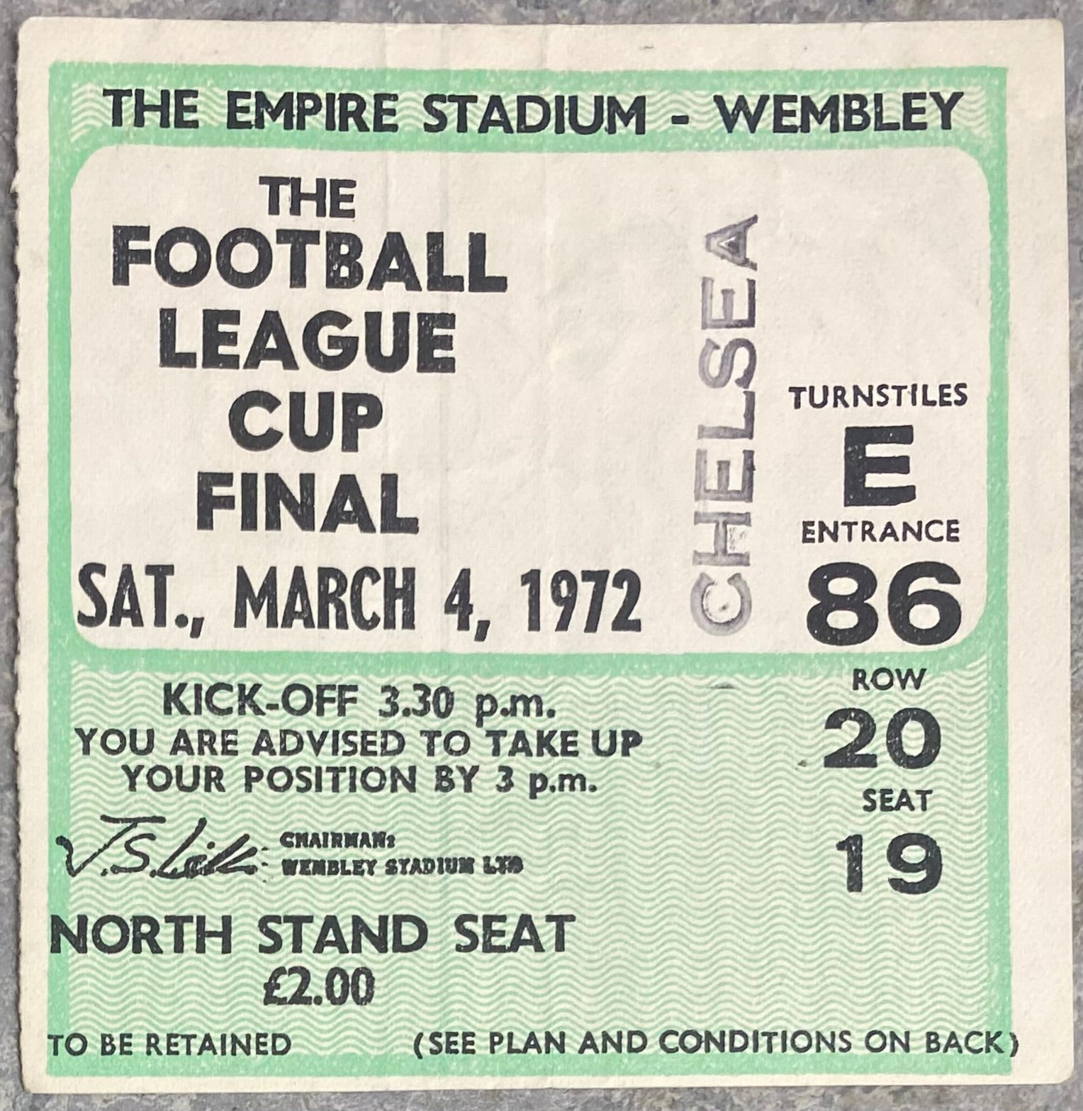 1972 ORIGINAL LEAGUE CUP FINAL TICKET CHELSEA V STOKE CITY