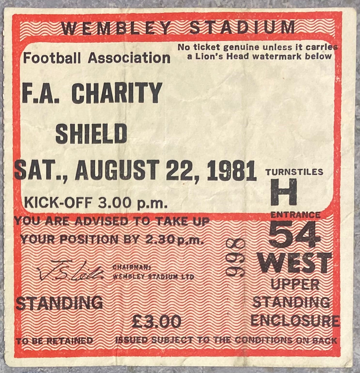 1981 ORIGINAL CHARITY SHIELD TICKET ASTON VILLA V TOTTENHAM HOTSPUR