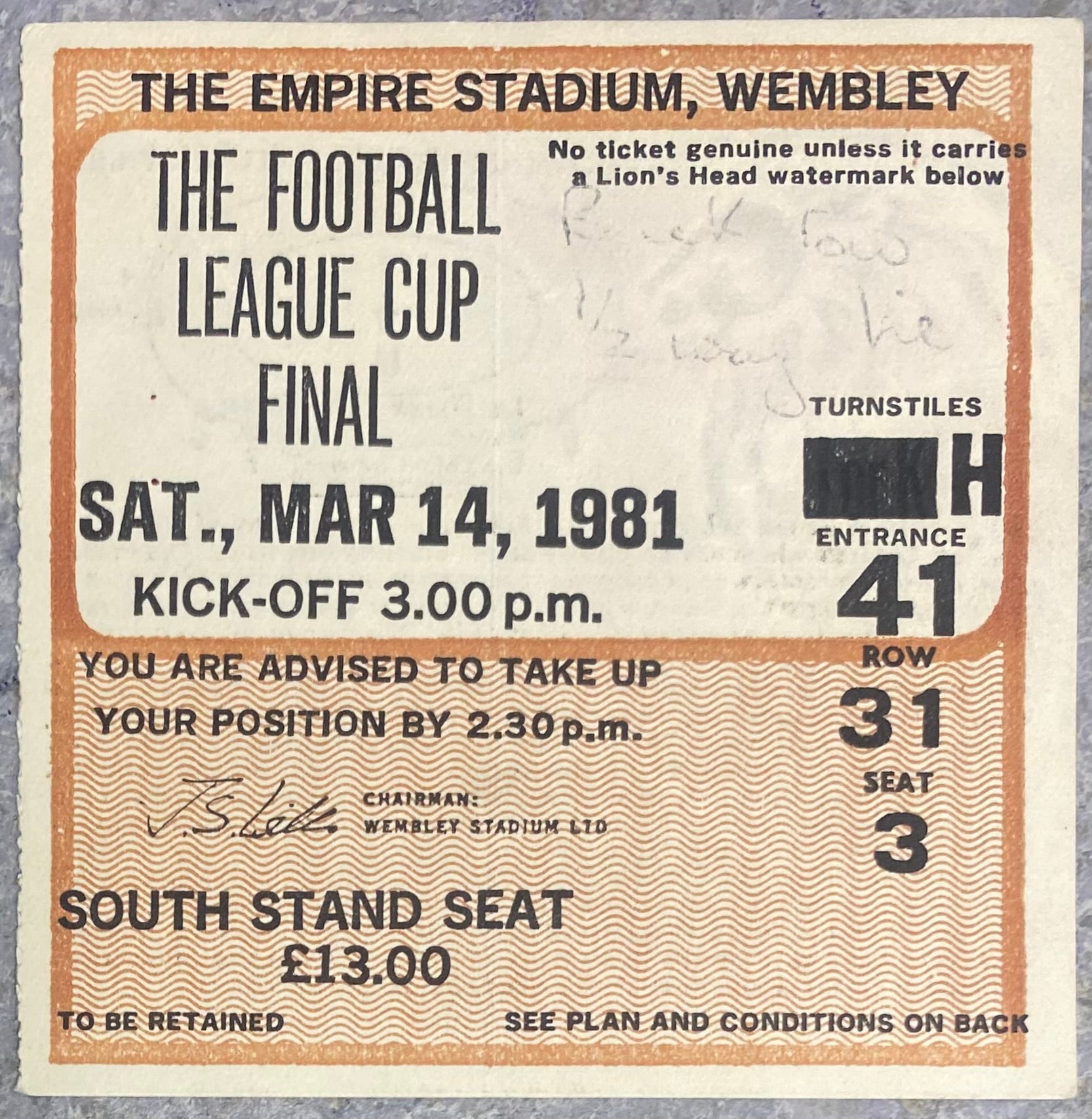 1981 ORIGINAL LEAGUE CUP FINAL TICKET LIVERPOOL V WEST HAM UNITED