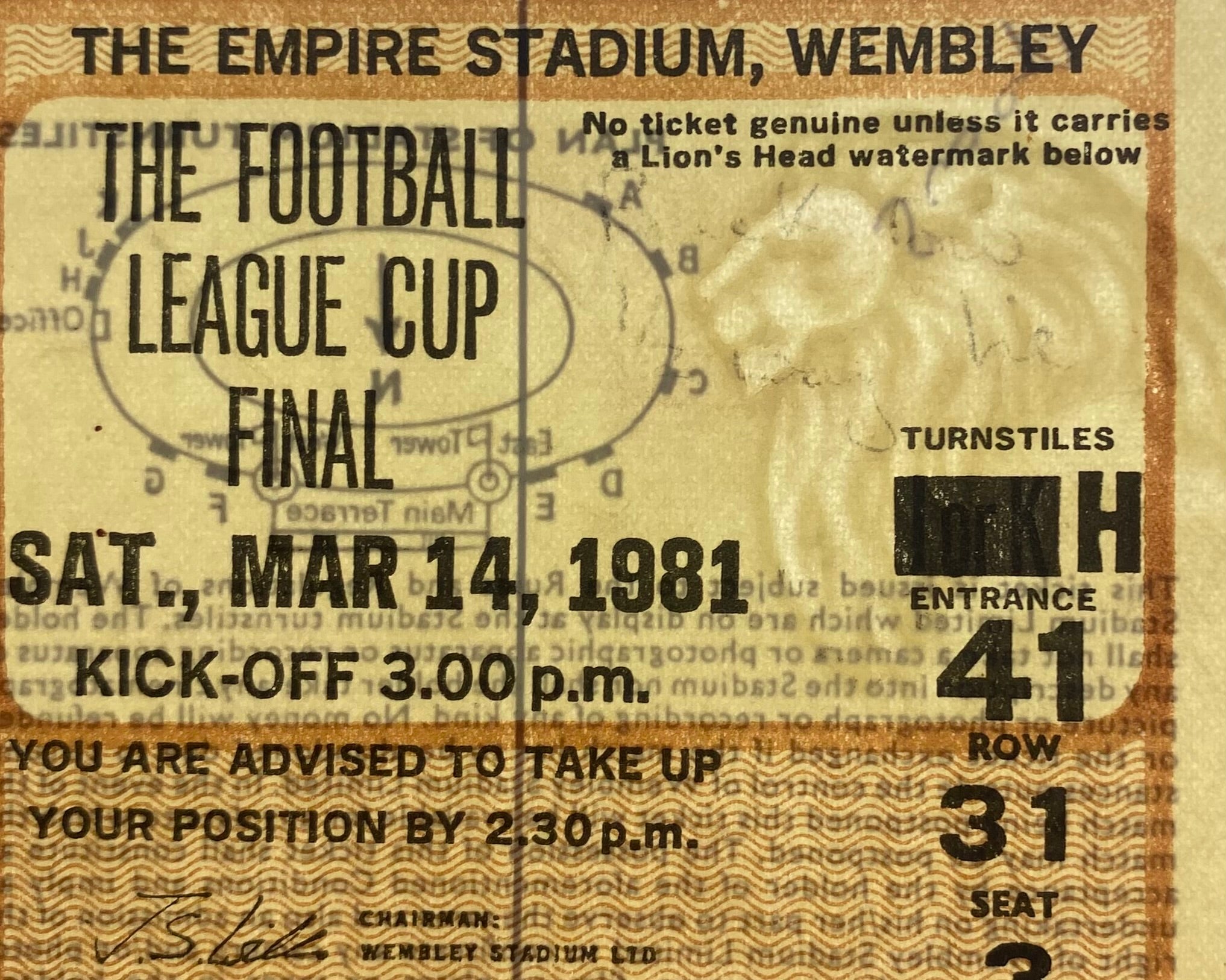 1981 ORIGINAL LEAGUE CUP FINAL TICKET LIVERPOOL V WEST HAM UNITED