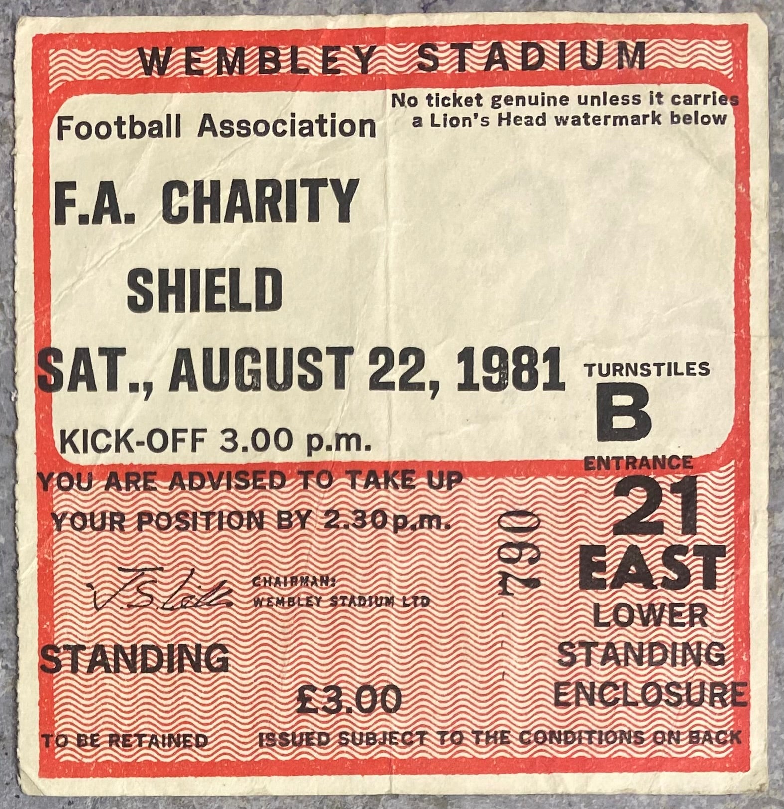 1981 ORIGINAL CHARITY SHIELD TICKET ASTON VILLA V TOTTENHAM HOTSPUR
