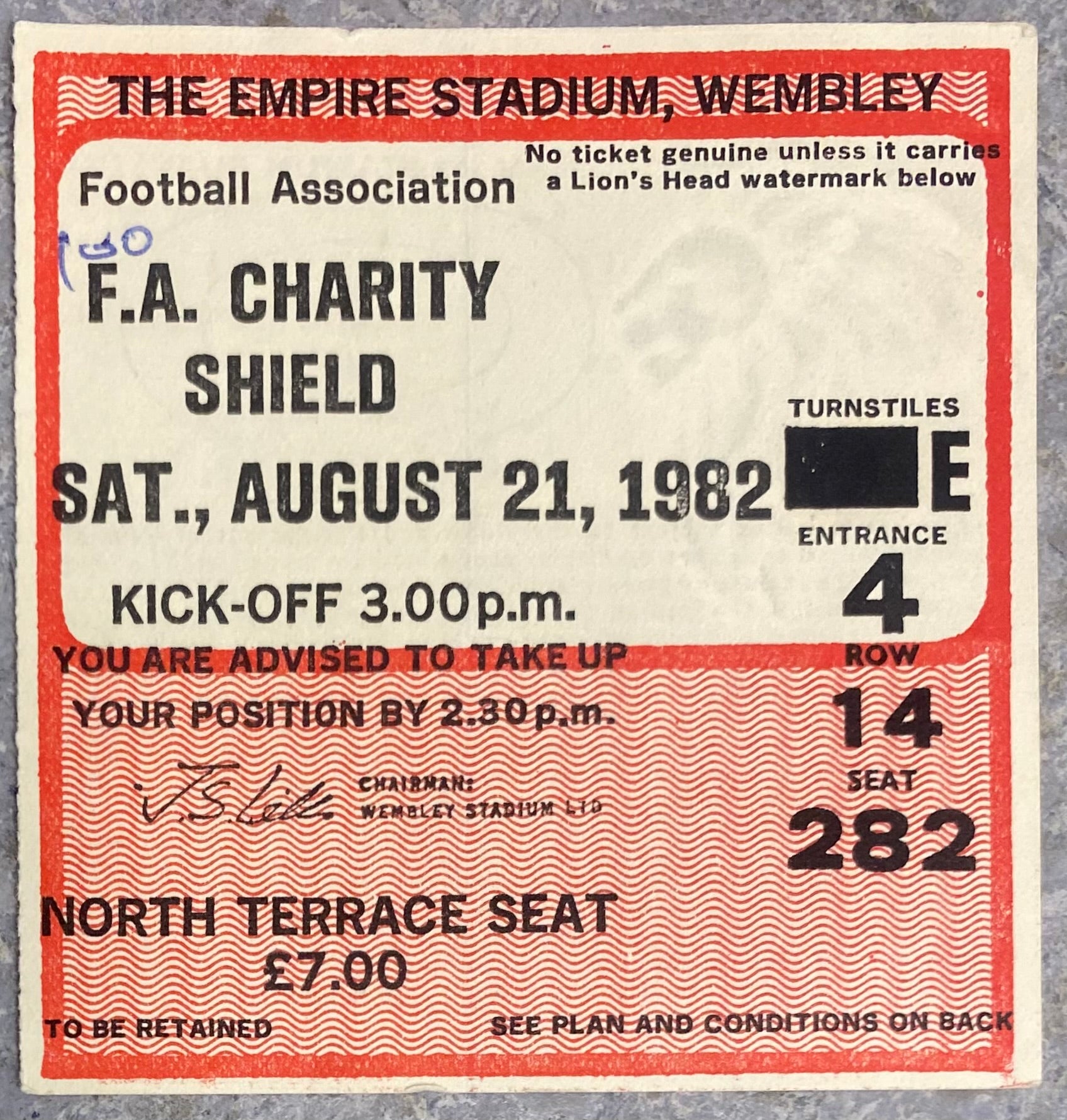 1982 ORIGINAL CHARITY SHIELD TICKET LIVERPOOL V TOTTENHAM HOTSPUR