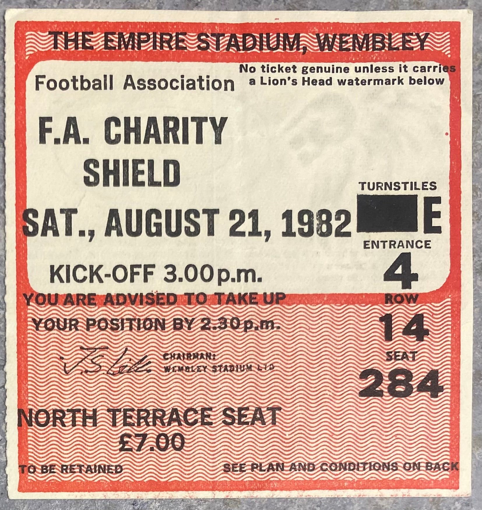 1982 ORIGINAL CHARITY SHIELD TICKET LIVERPOOL V TOTTENHAM HOTSPUR