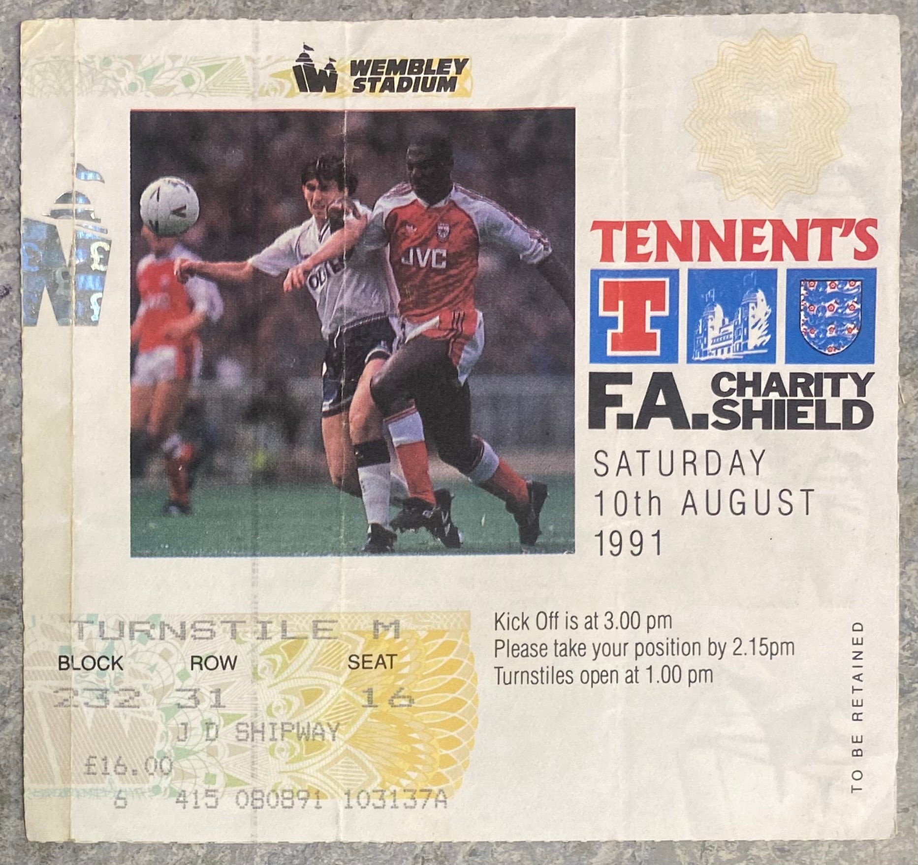 1991 ORIGINAL CHARITY SHIELD TICKET ARSENAL V TOTTENHAM HOTSPUR
