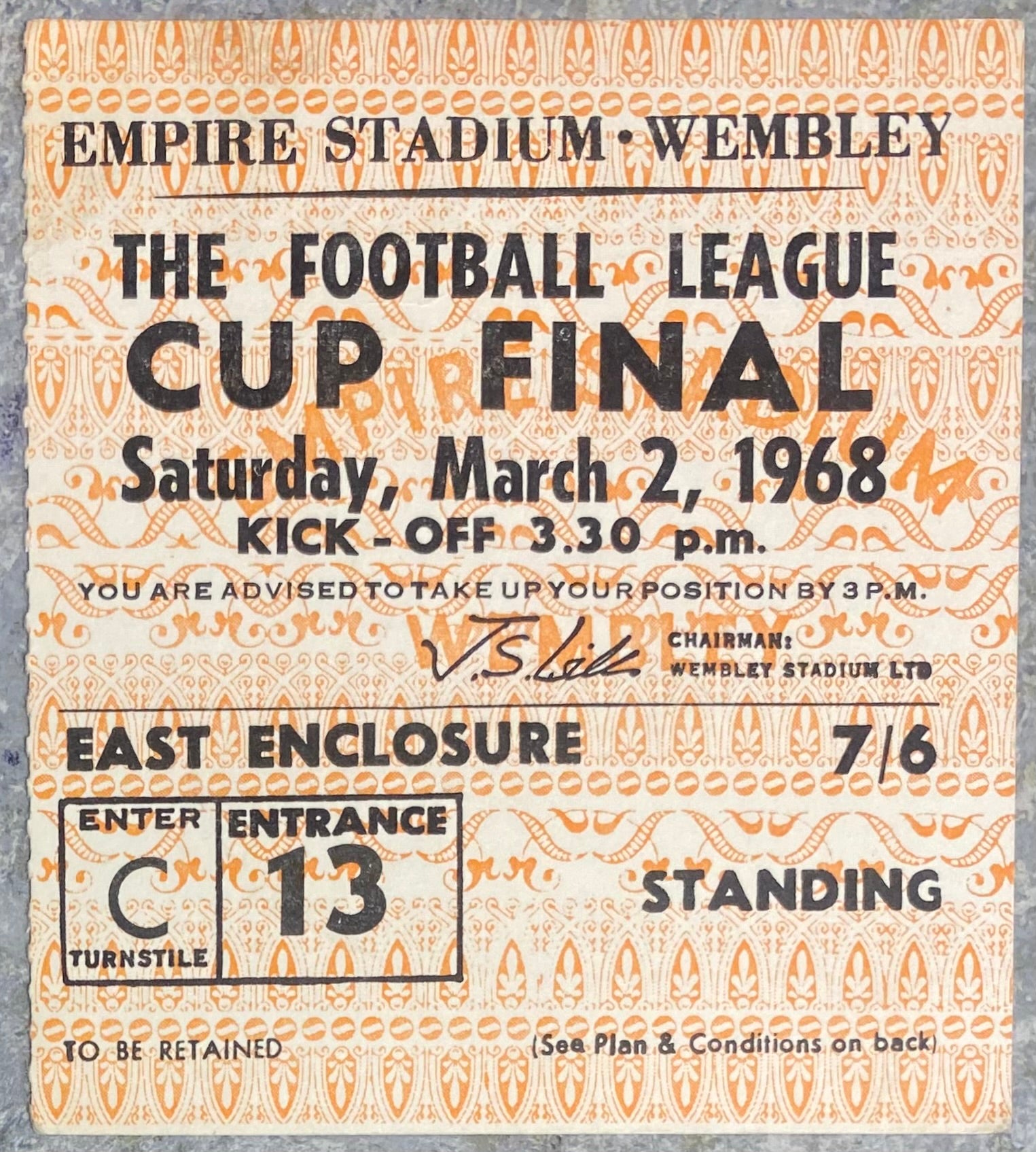 1968 ORIGINAL LEAGUE CUP FINAL TICKET LEEDS UNITED V ARSENAL