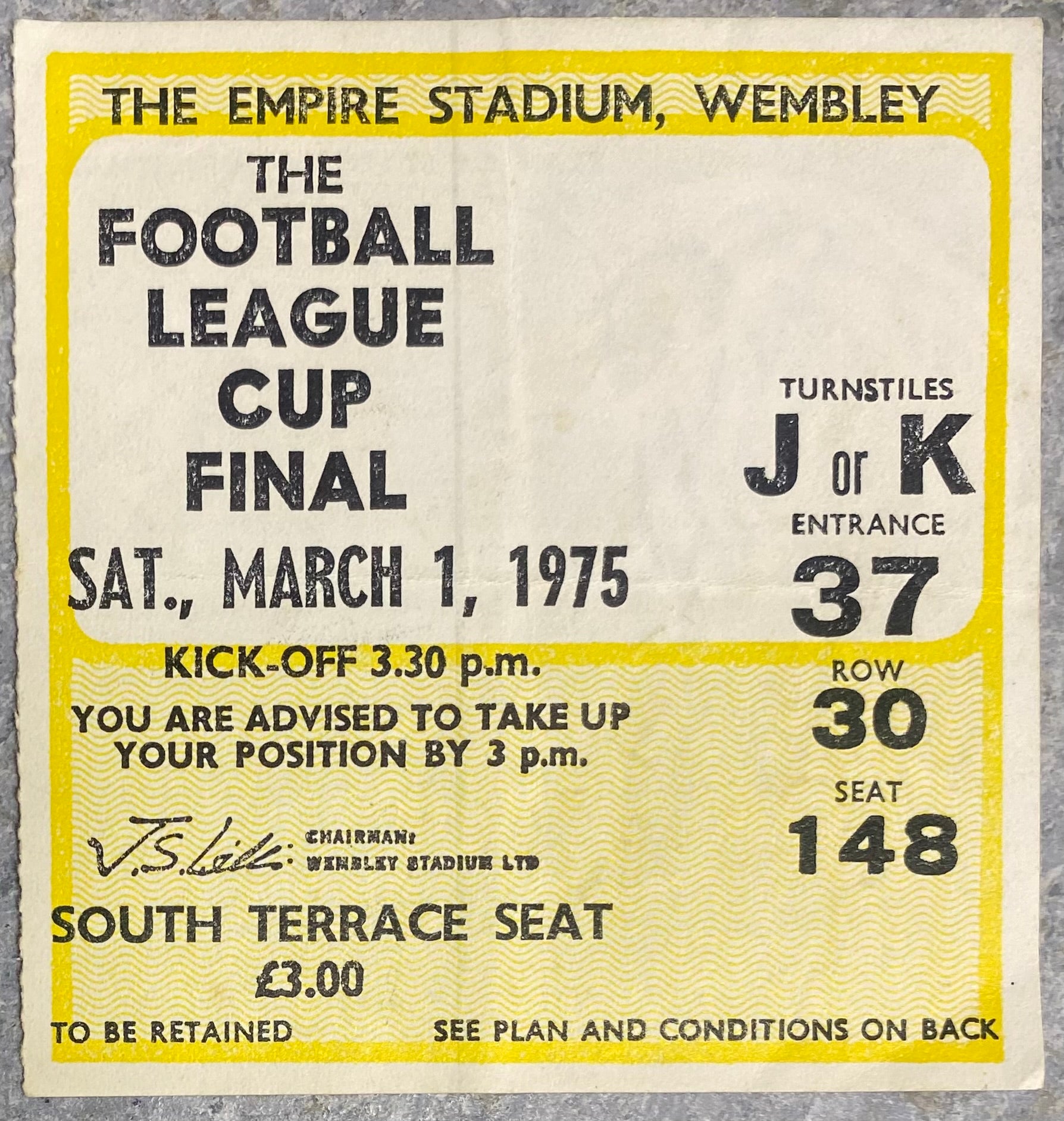 1975 ORIGINAL LEAGUE CUP FINAL TICKET ASTON VILLA V NORWICH CITY