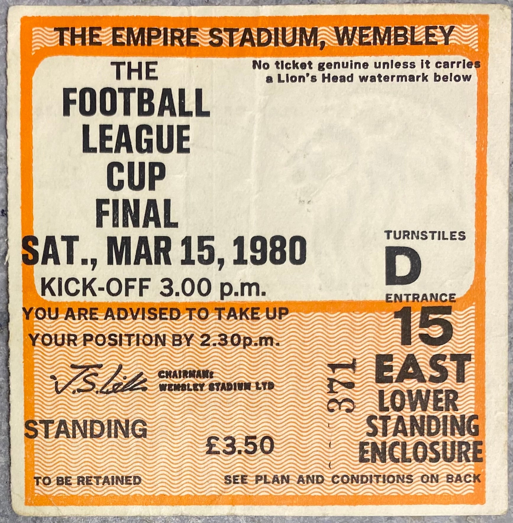1980 ORIGINAL LEAGUE CUP FINAL TICKET NOTTINGHAM FOREST V WOLVERHAMPTON WANDERERS