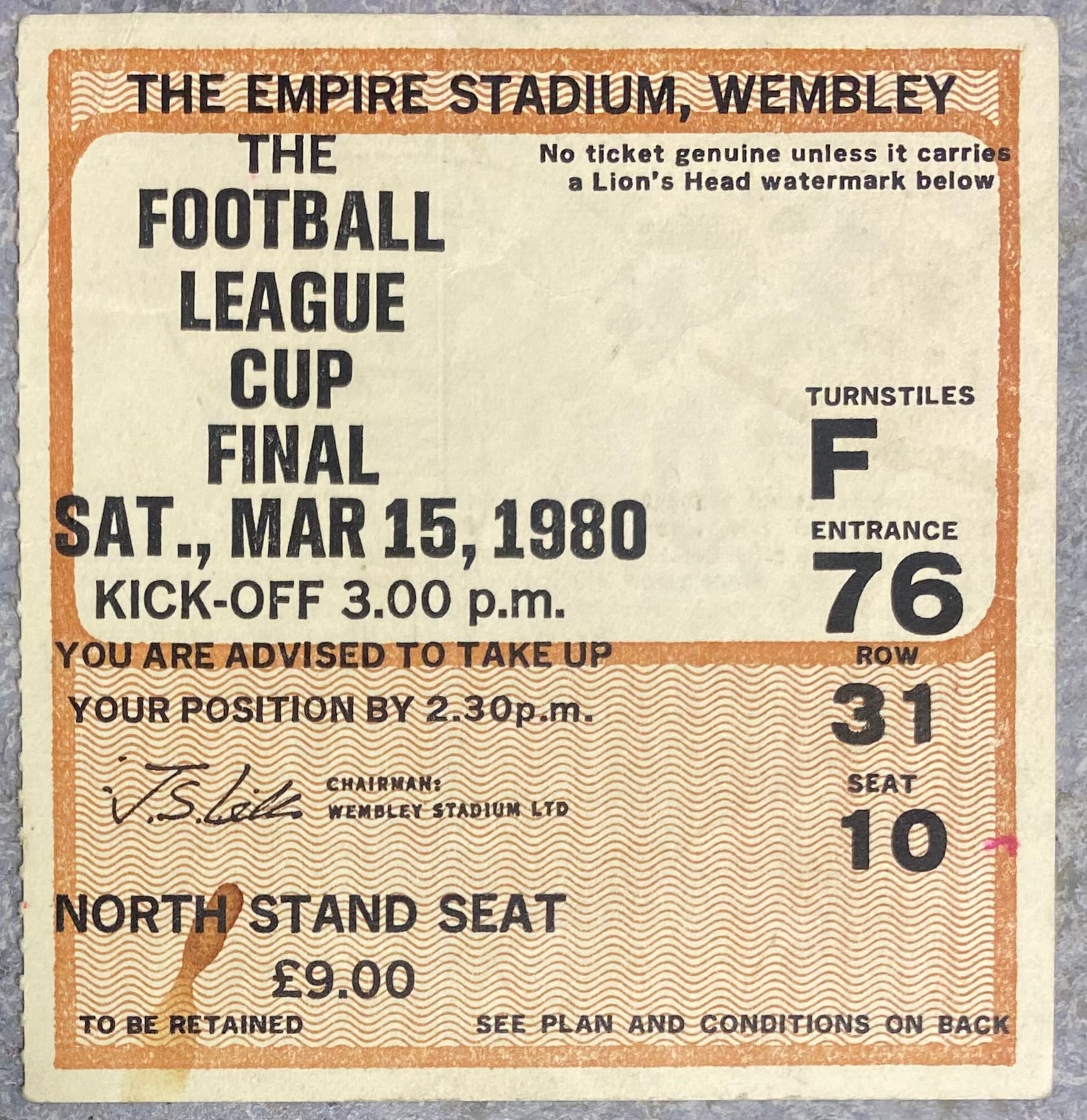 1980 ORIGINAL LEAGUE CUP FINAL TICKET NOTTINGHAM FOREST V WOLVERHAMPTON WANDERERS