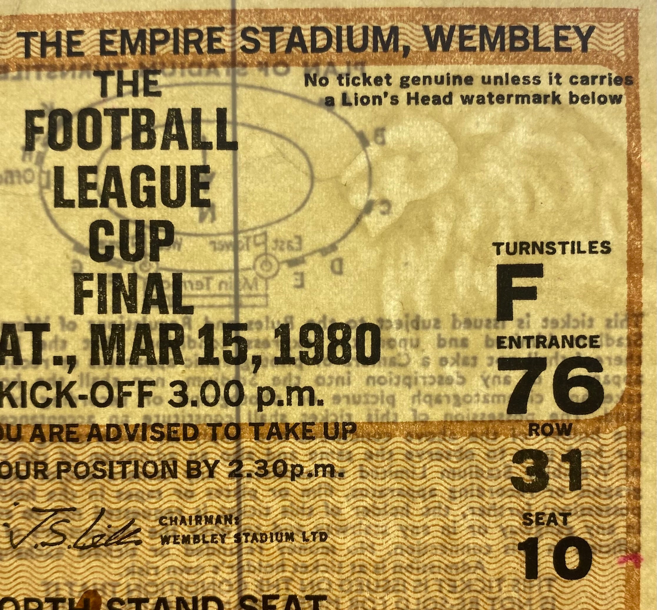 1980 ORIGINAL LEAGUE CUP FINAL TICKET NOTTINGHAM FOREST V WOLVERHAMPTON WANDERERS