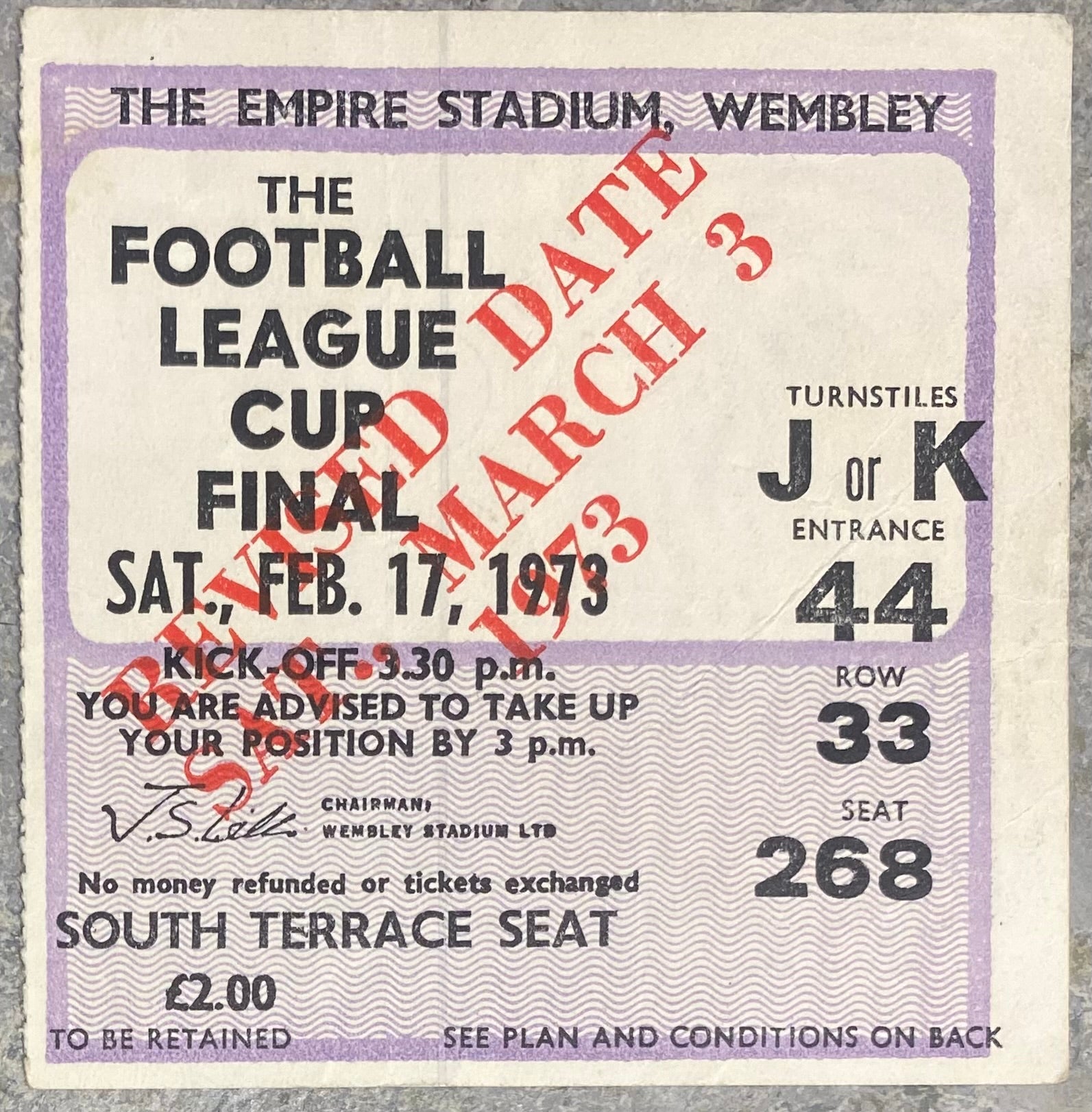 1973 ORIGINAL LEAGUE CUP FINAL TICKET TOTTENHAM HOTSPUR V NORWICH CITY