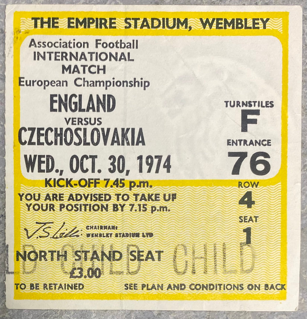 1974 ORIGINAL EUROPEAN CHAMPIONSHIPS QUALIFYING TICKET ENGLAND V CZECHOSLOVAKIA