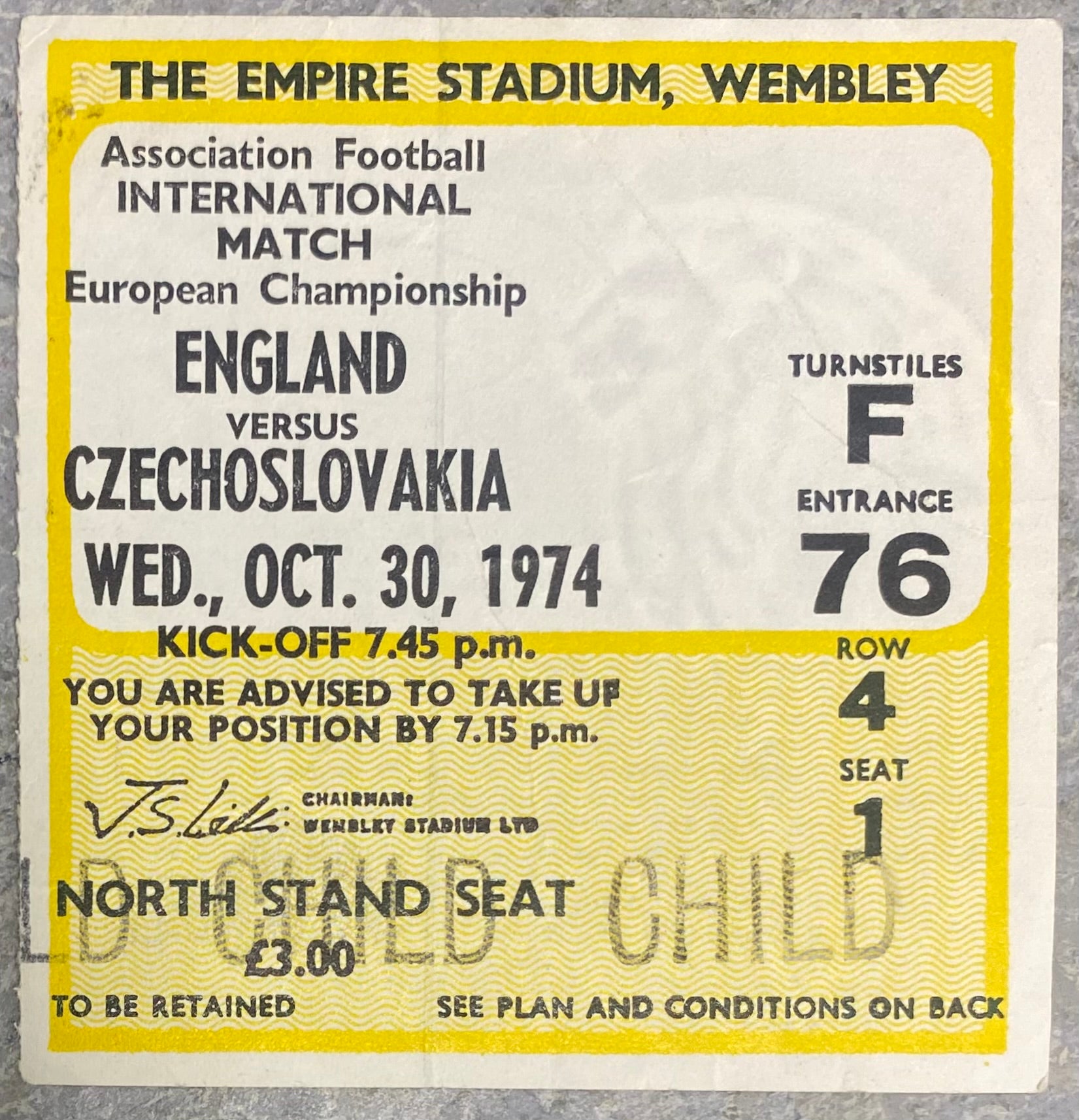 1974 ORIGINAL EUROPEAN CHAMPIONSHIPS QUALIFYING TICKET ENGLAND V CZECHOSLOVAKIA
