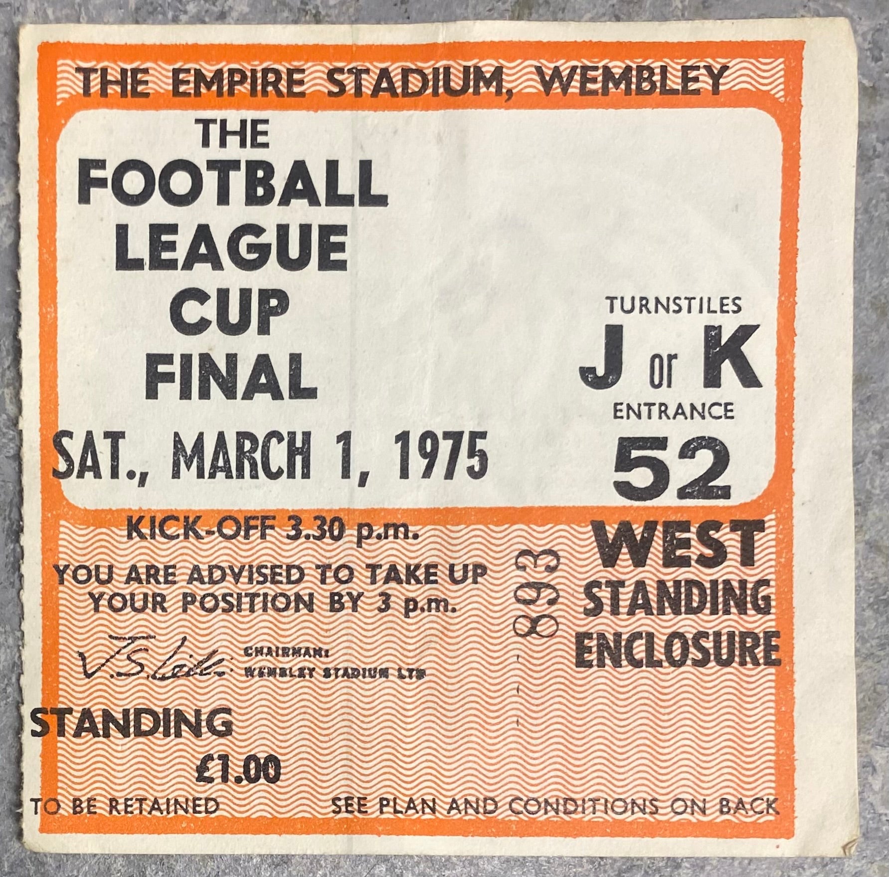 1975 ORIGINAL LEAGUE CUP FINAL TICKET ASTON VILLA V NORWICH CITY