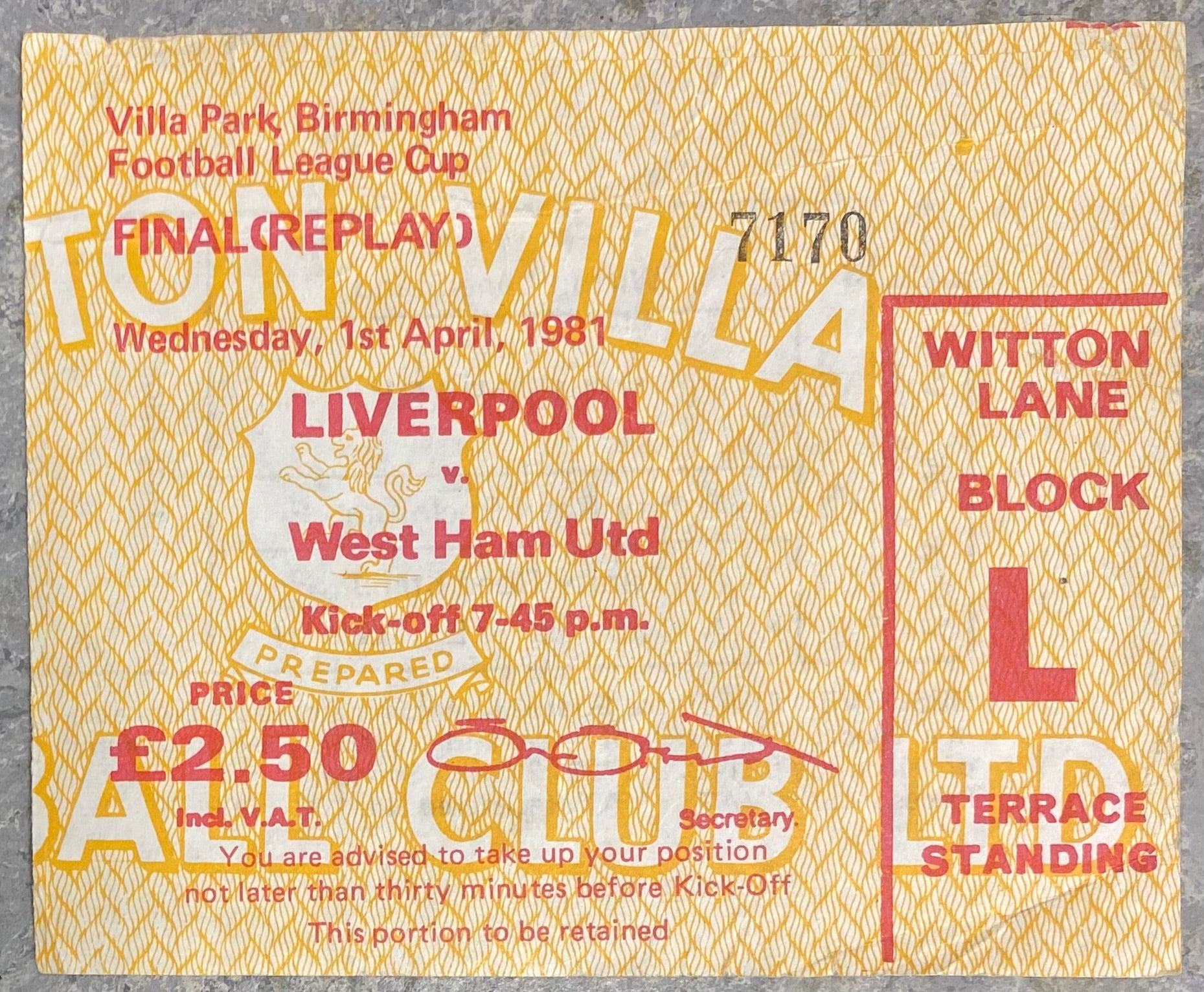 1981 ORIGINAL LEAGUE CUP FINAL REPLAY TICKET LIVERPOOL V WEST HAM UNITED @ VILLA PARK