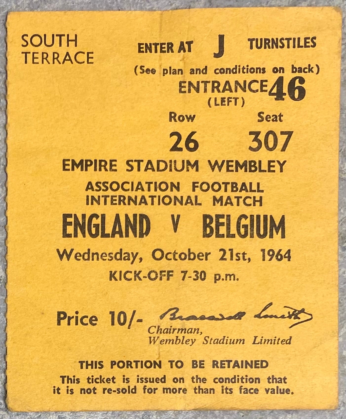 1964 ORIGINAL INTERNATIONAL TICKET ENGLAND V BELGIUM