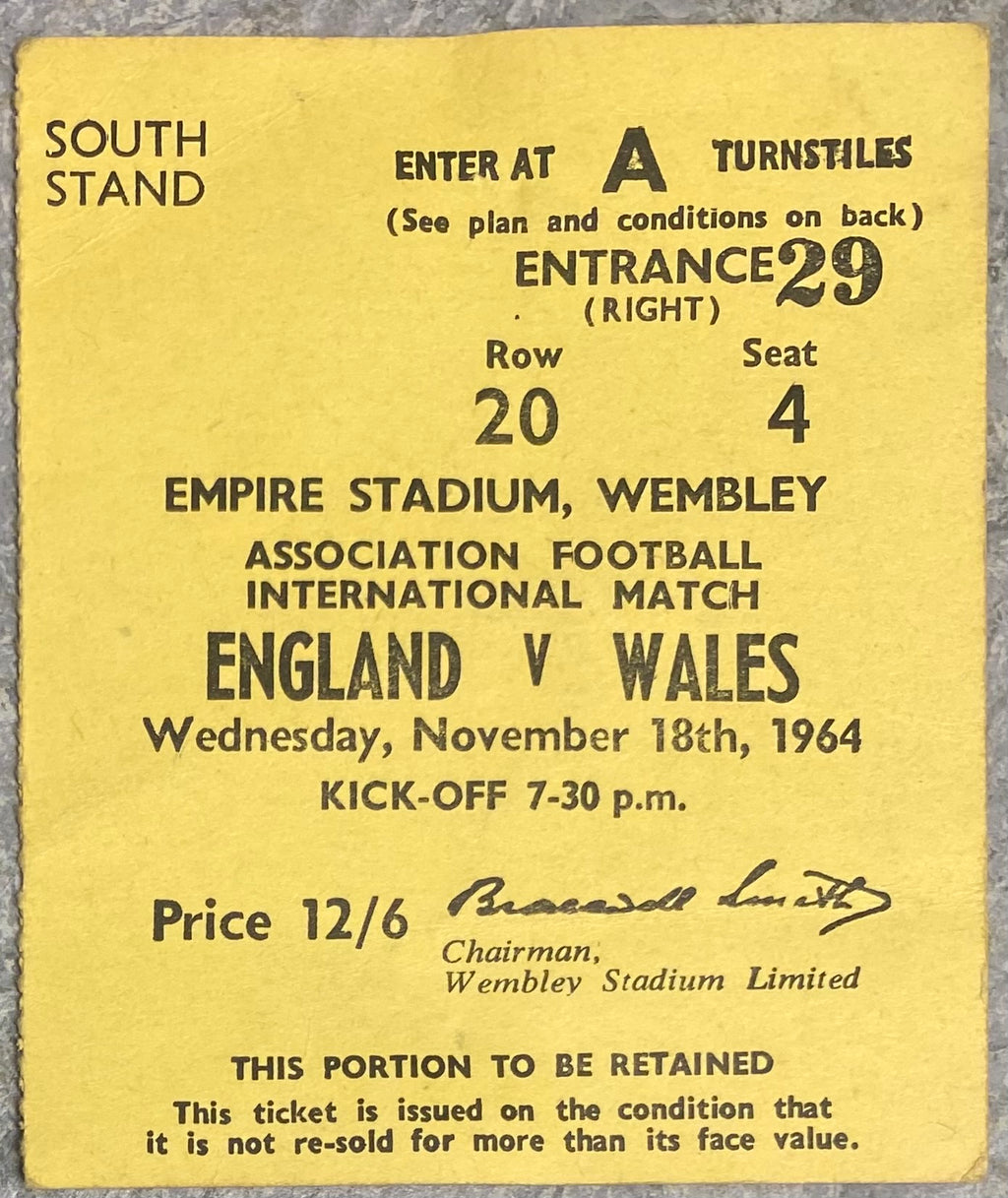 1964 ORIGINAL INTERNATIONAL TICKET ENGLAND V WALES