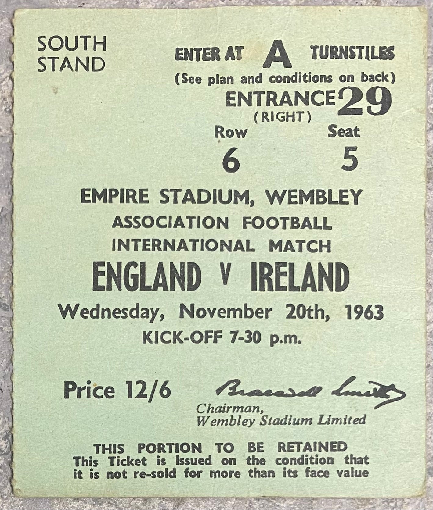 1963 ORIGINAL INTERNATIONAL TICKET ENGLAND V IRELAND