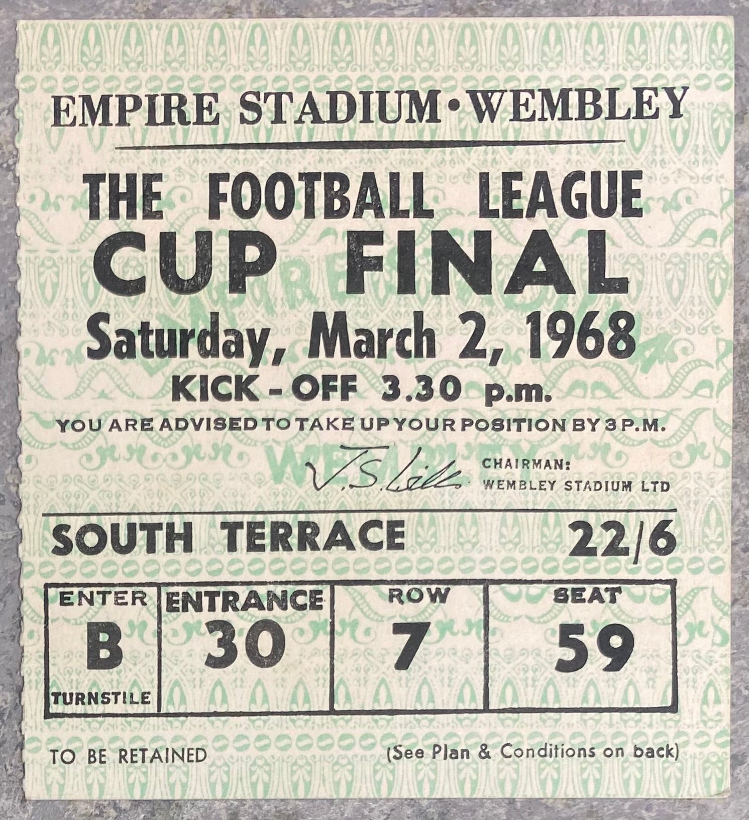 1968 ORIGINAL LEAGUE CUP FINAL TICKET LEEDS UNITED V ARSENAL