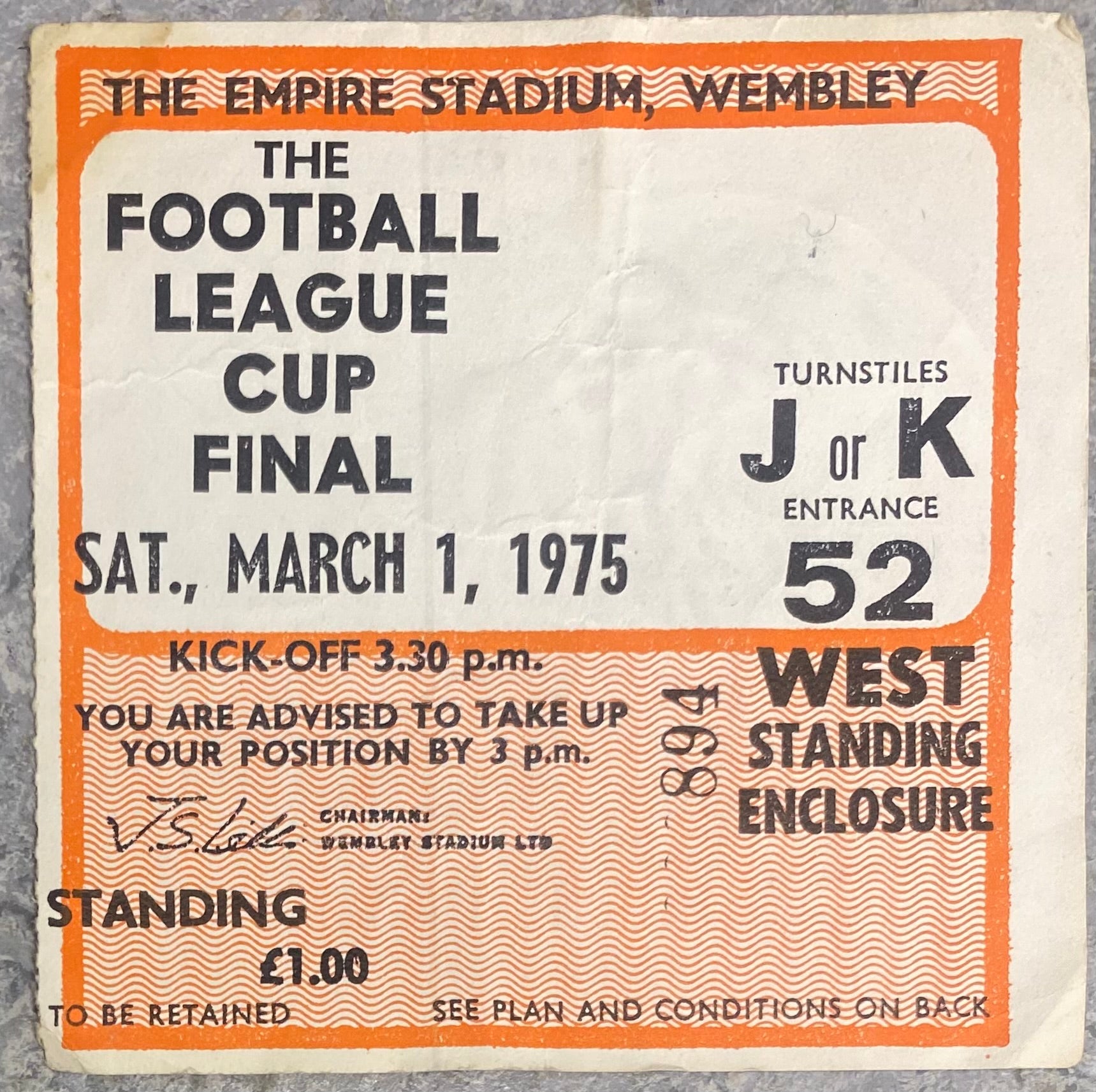 1975 ORIGINAL LEAGUE CUP FINAL TICKET ASTON VILLA V NORWICH CITY