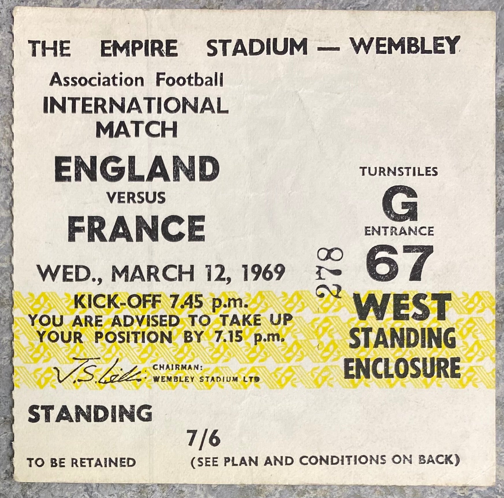 1969 ORIGINAL INTERNATIONAL TICKET ENGLAND V FRANCE
