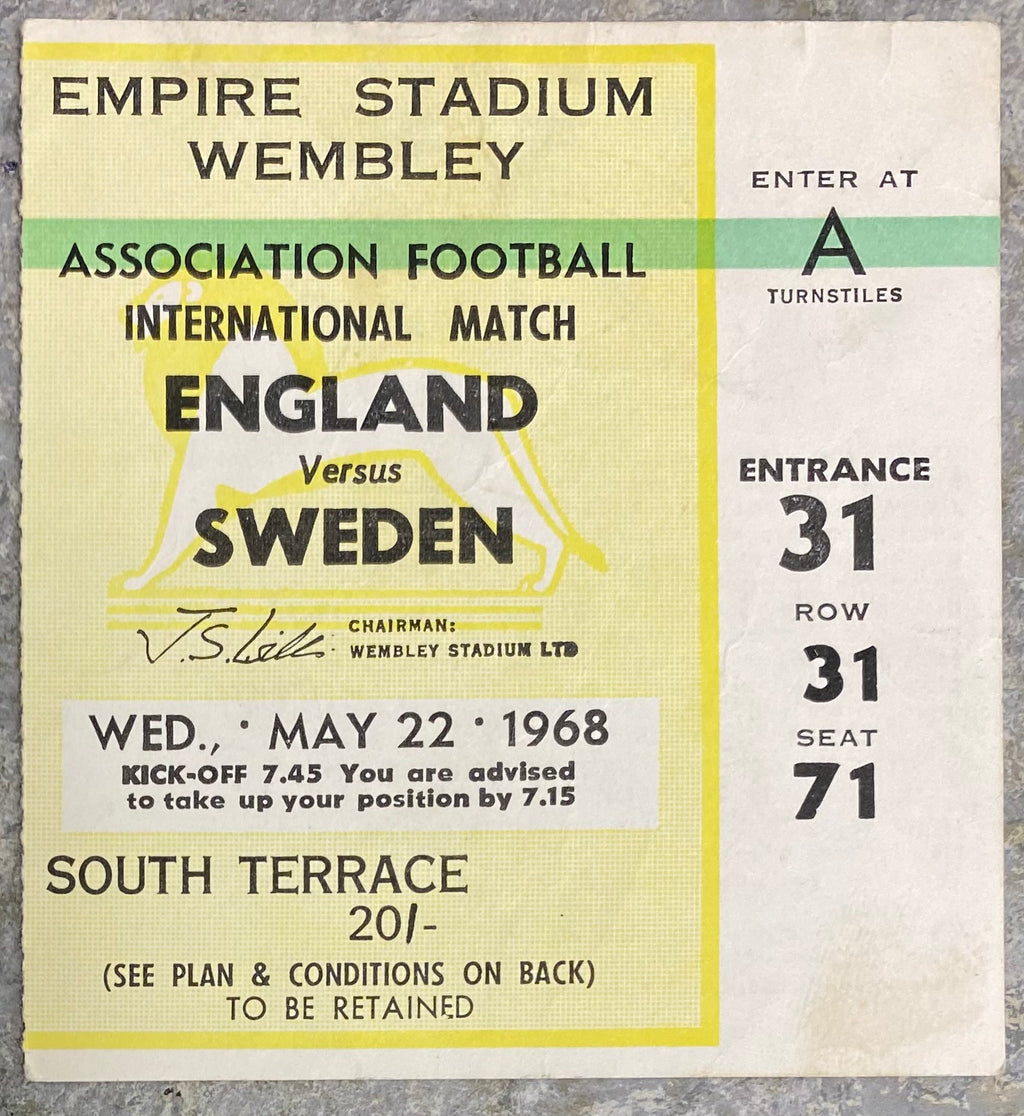 1968 ORIGINAL INTERNATIONAL TICKET ENGLAND V SWEDEN