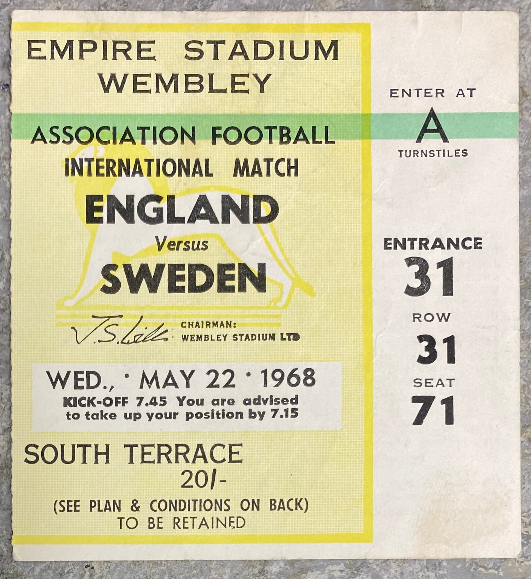 1968 ORIGINAL INTERNATIONAL TICKET ENGLAND V SWEDEN
