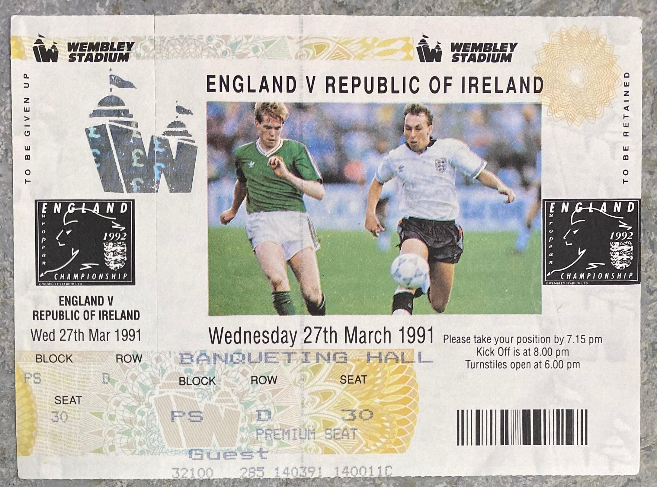 1991 ORIGINAL EUROPEAN CHAMPIONSHIPS QUALIFYING UNUSED TICKET ENGLAND V REPUBLIC OF IRELAND