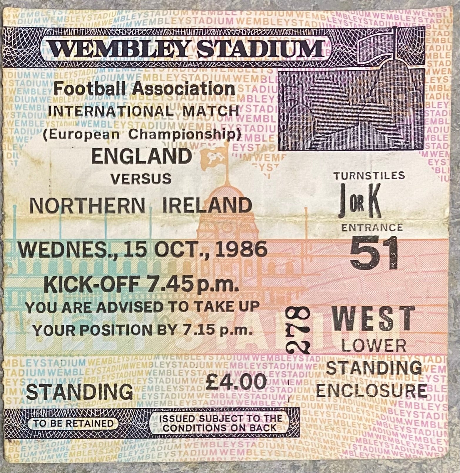 1986 ORIGINAL EUROPEAN CHAMPIONSHIPS QUALIFYING TICKET ENGLAND V NORTHERN IRELAND