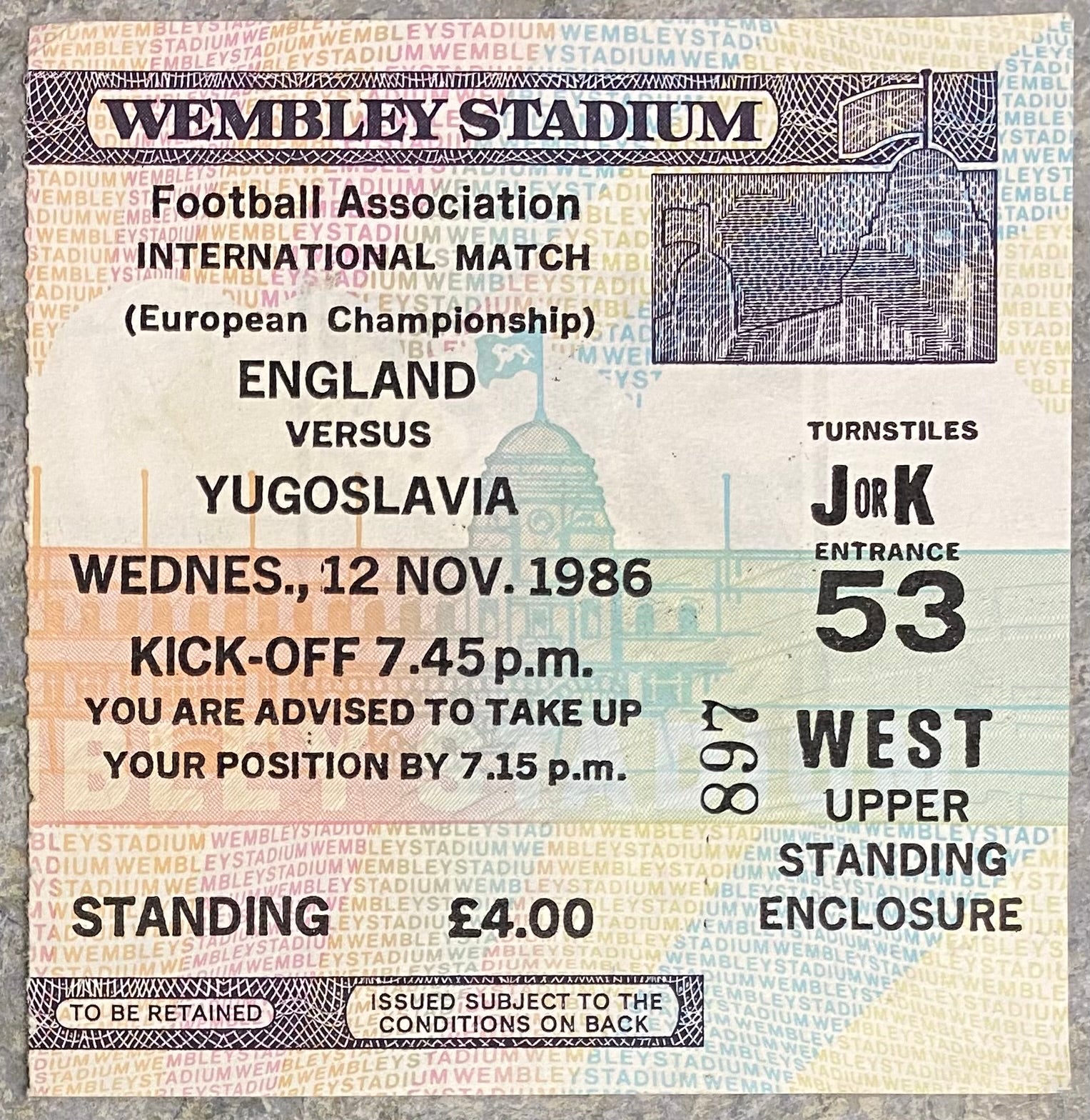 1986 ORIGINAL EUROPEAN CHAMPIONSHIPS QUALIFYING TICKET ENGLAND V YUGOSLAVIA