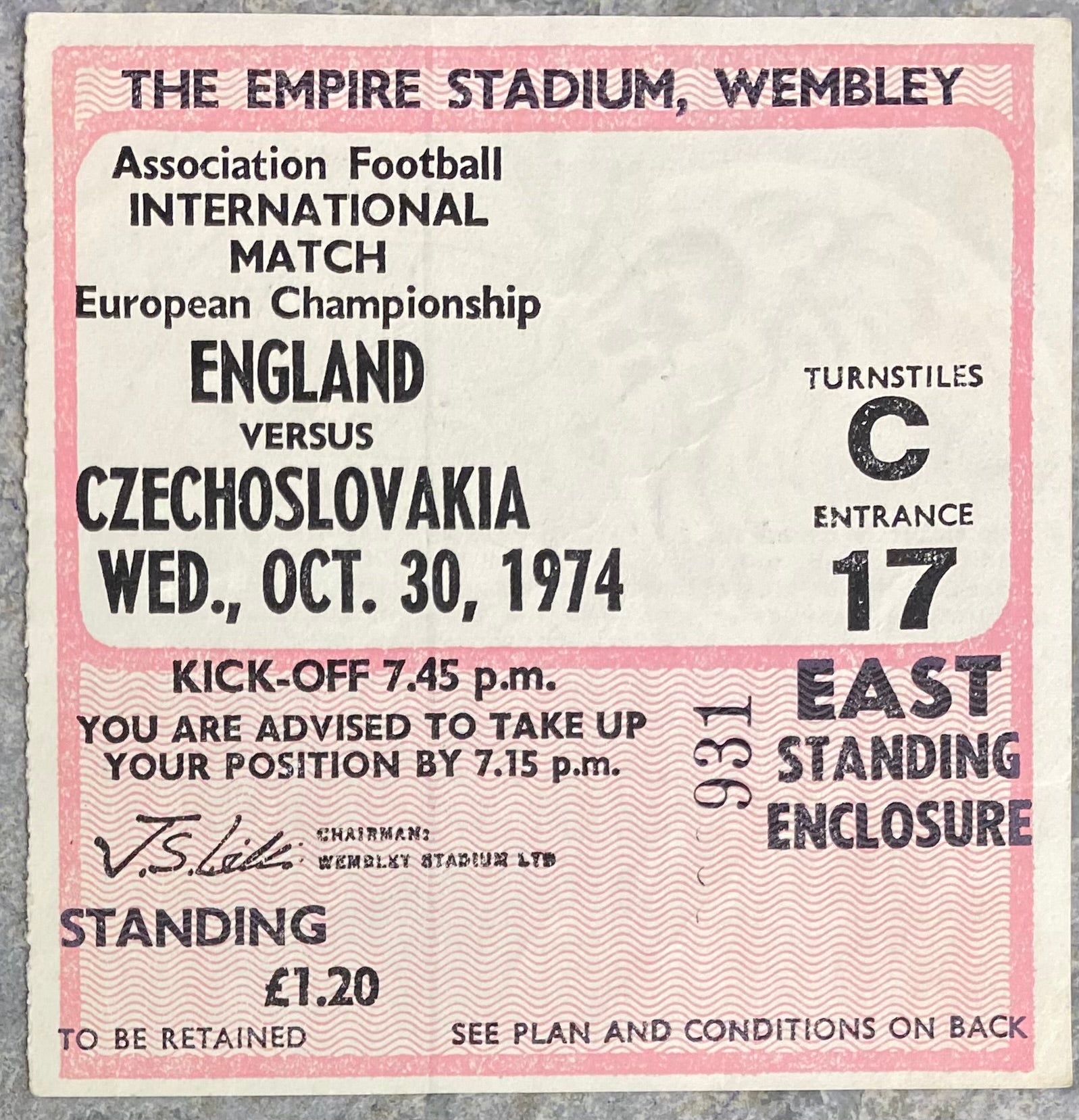 1974 ORIGINAL EUROPEAN CHAMPIONSHIPS QUALIFYING TICKET ENGLAND V CZECHOSLOVAKIA