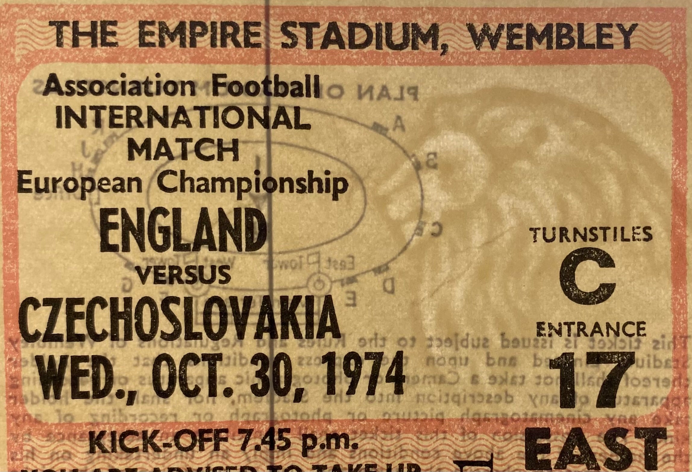 1974 ORIGINAL EUROPEAN CHAMPIONSHIPS QUALIFYING TICKET ENGLAND V CZECHOSLOVAKIA