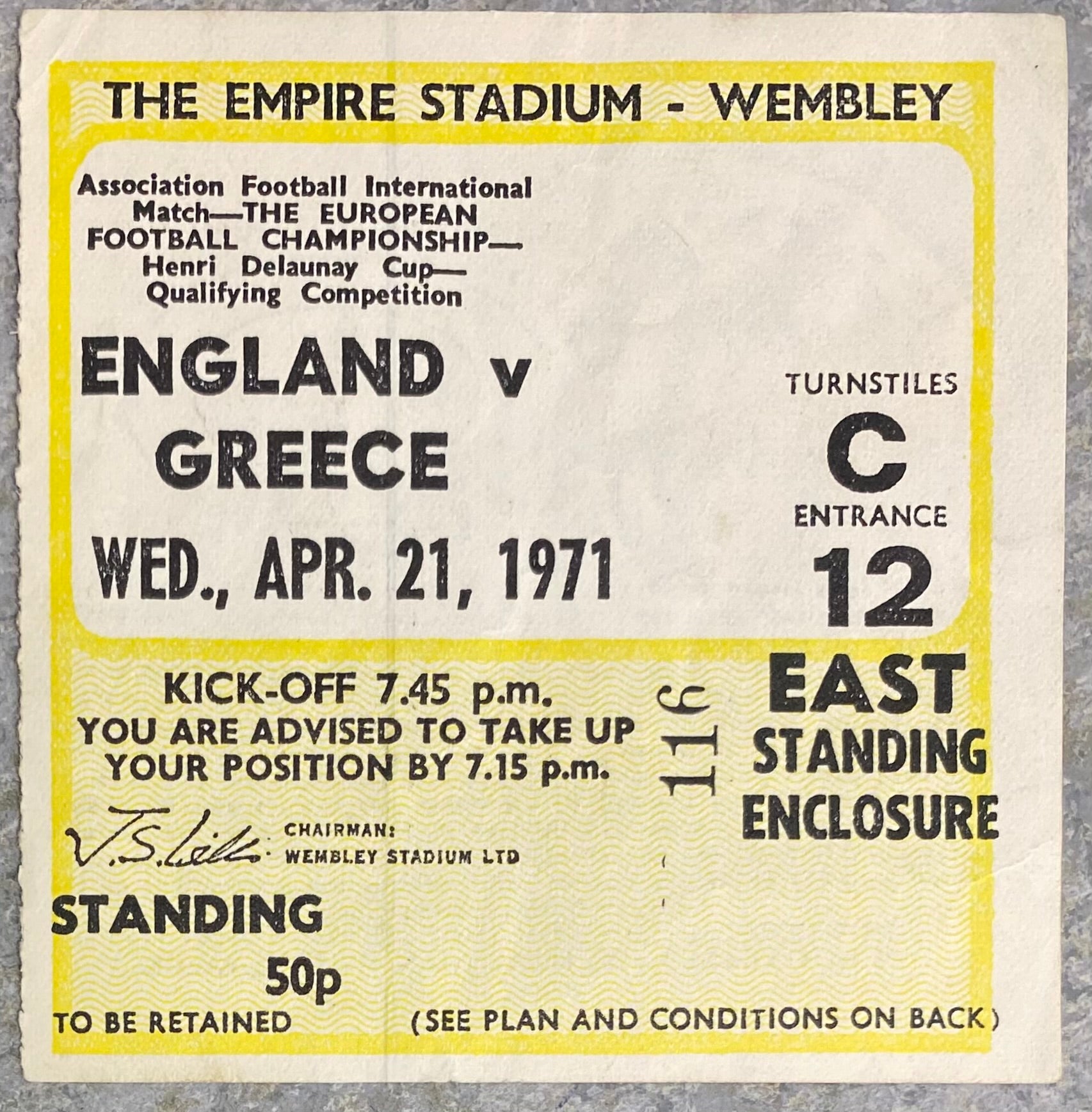 1971 ORIGINAL EUROPEAN CHAMPIONSHIPS QUALIFYING TICKET ENGLAND V GREECE