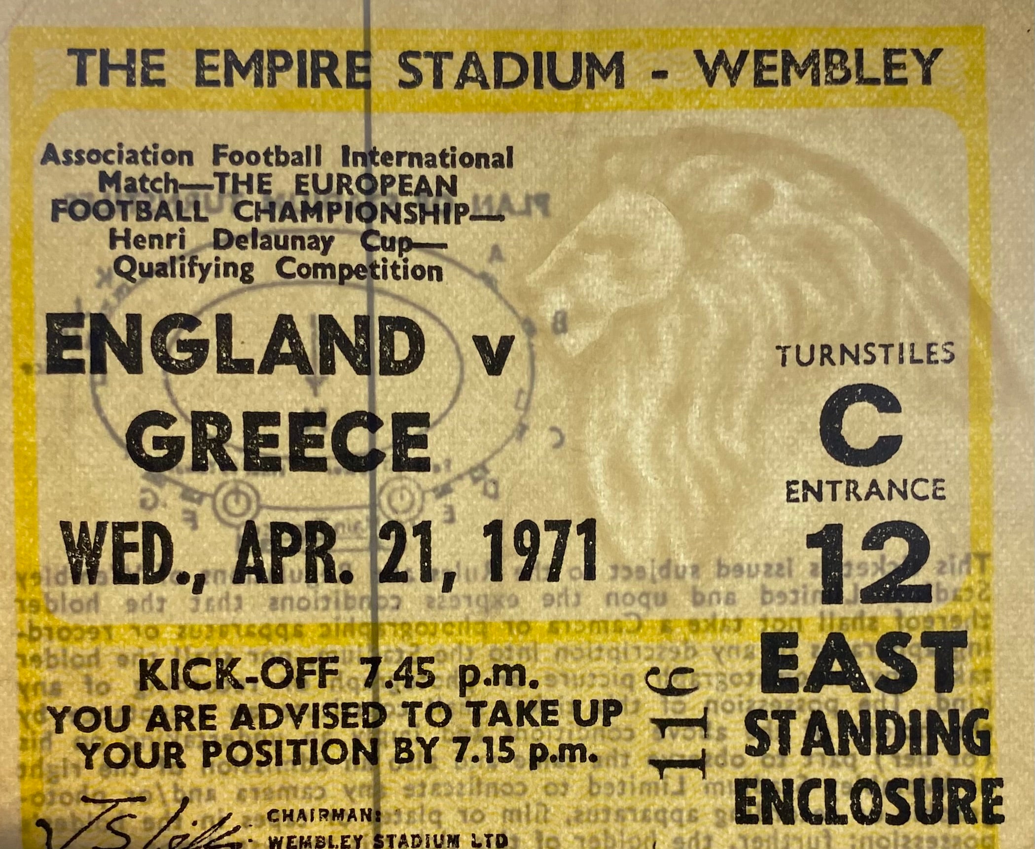 1971 ORIGINAL EUROPEAN CHAMPIONSHIPS QUALIFYING TICKET ENGLAND V GREECE
