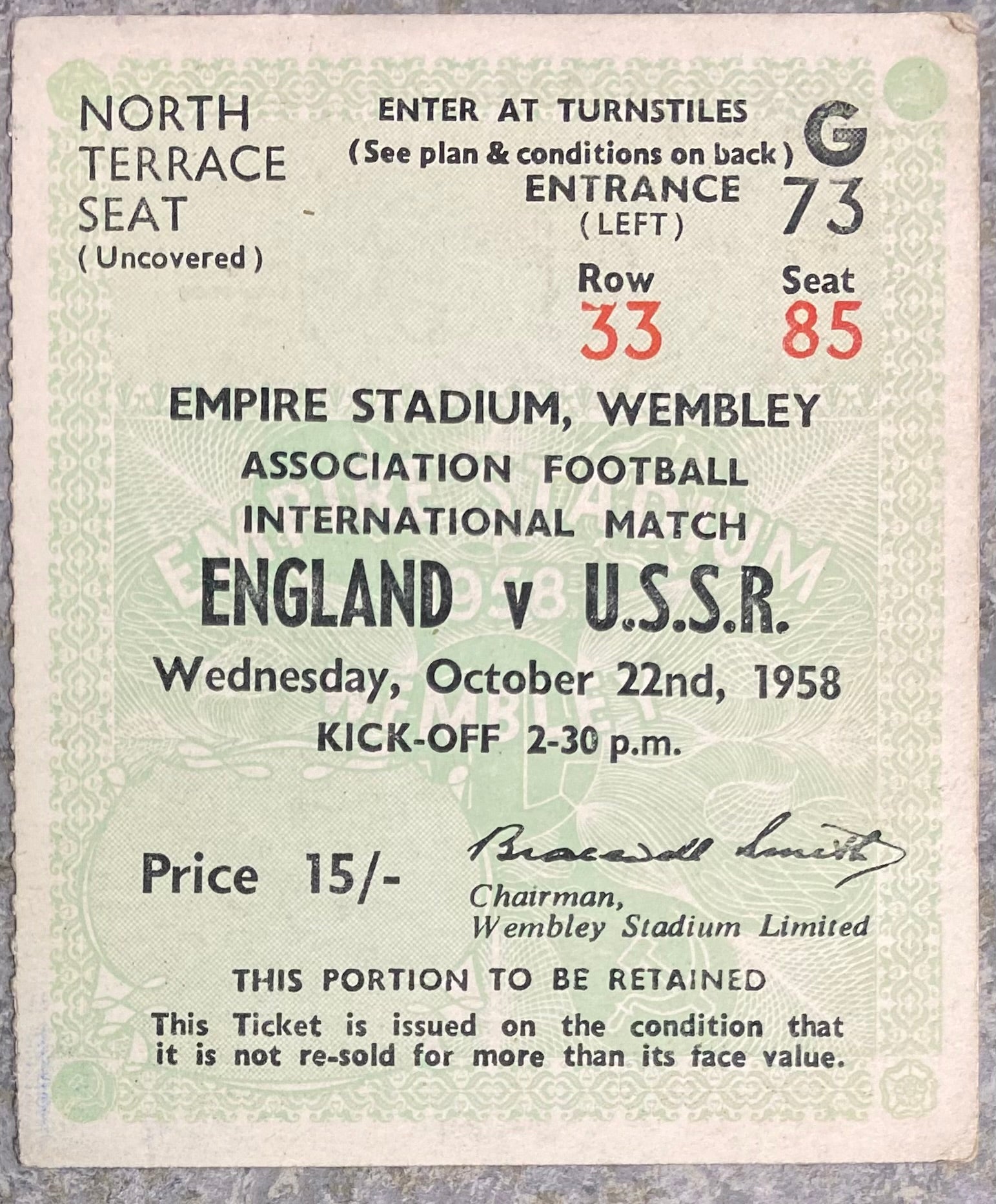 1958 ORIGINAL INTERNATIONAL TICKET ENGLAND V SOVIET UNION
