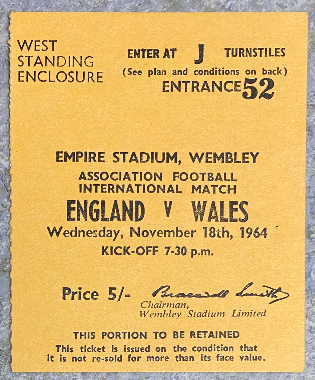 1964 ORIGINAL INTERNATIONAL TICKET ENGLAND V WALES
