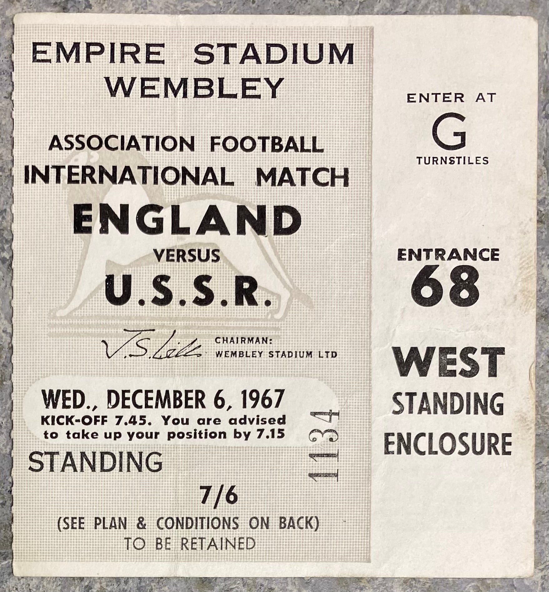 1967 ORIGINAL INTERNATIONAL TICKET ENGLAND V SOVIET UNION