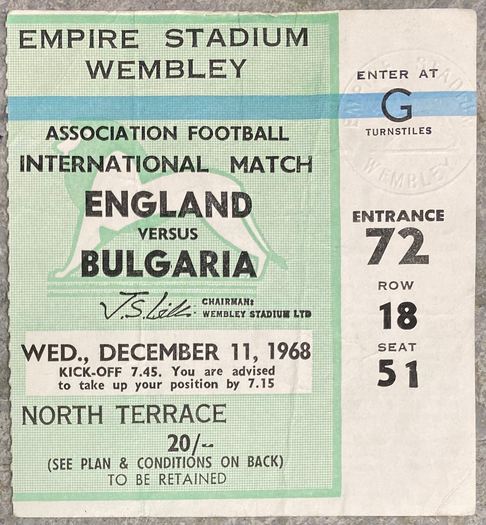 1968 ORIGINAL INTERNATIONAL TICKET ENGLAND V BULGARIA