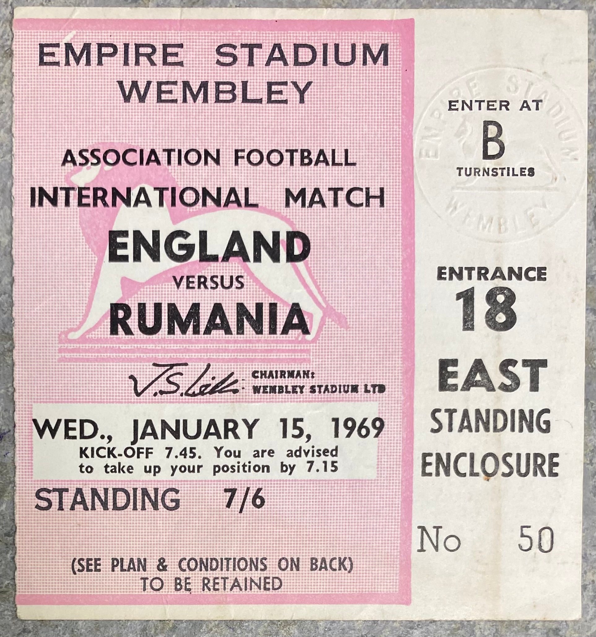 1969 ORIGINAL INTERNATIONAL TICKET ENGLAND V ROMANIA