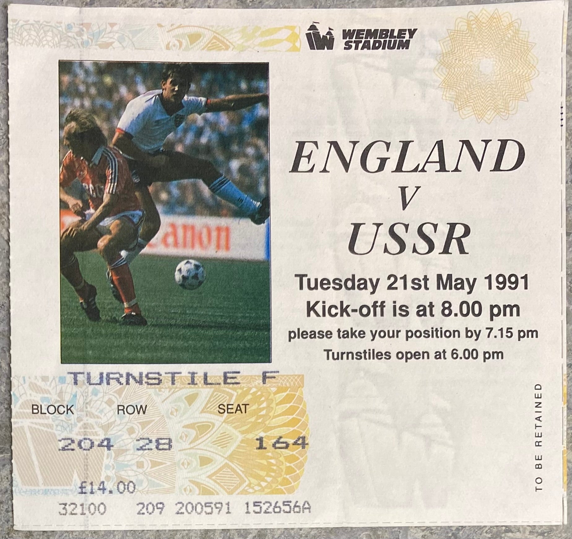 1991 ORIGINAL INTERNATIONAL TICKET ENGLAND V SOVIET UNION