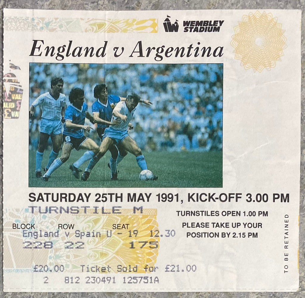 1991 ORIGINAL INTERNATIONAL TICKET ENGLAND V ARGENTINA