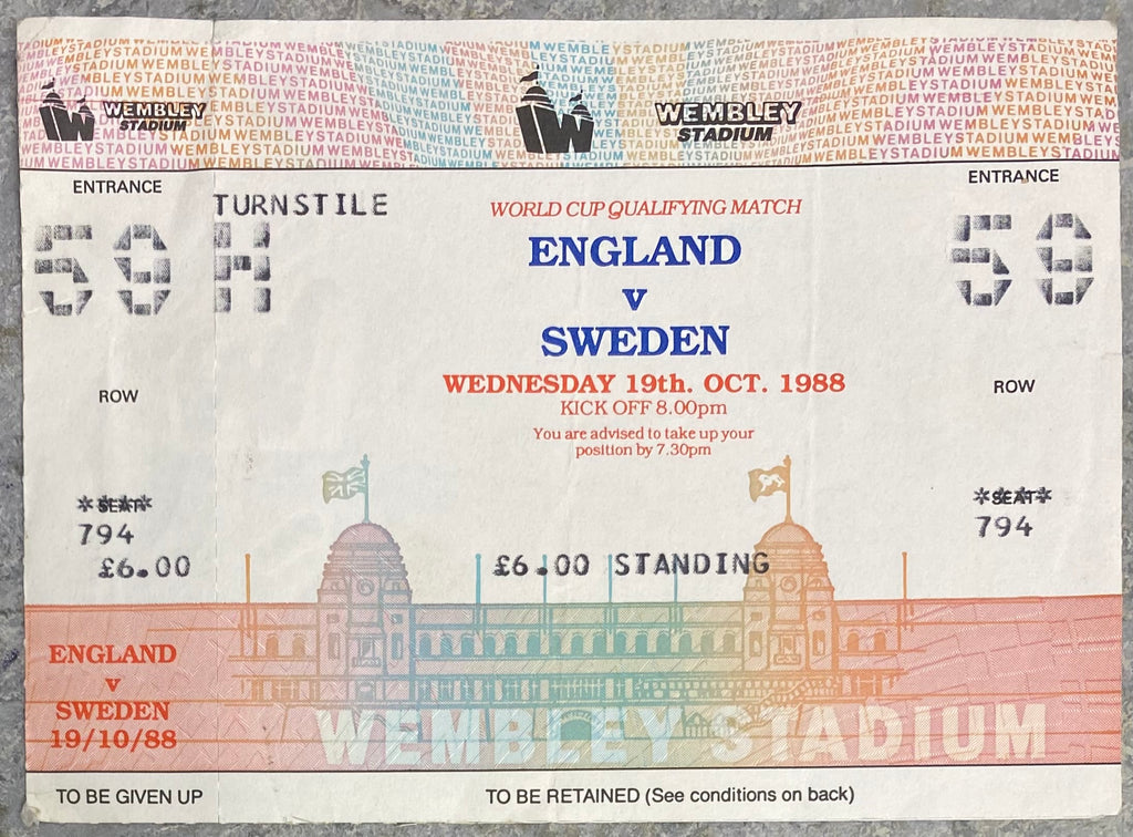 1989 ORIGINAL WORLD CUP QUALIFYING UNUSED TICKET ENGLAND V SWEDEN