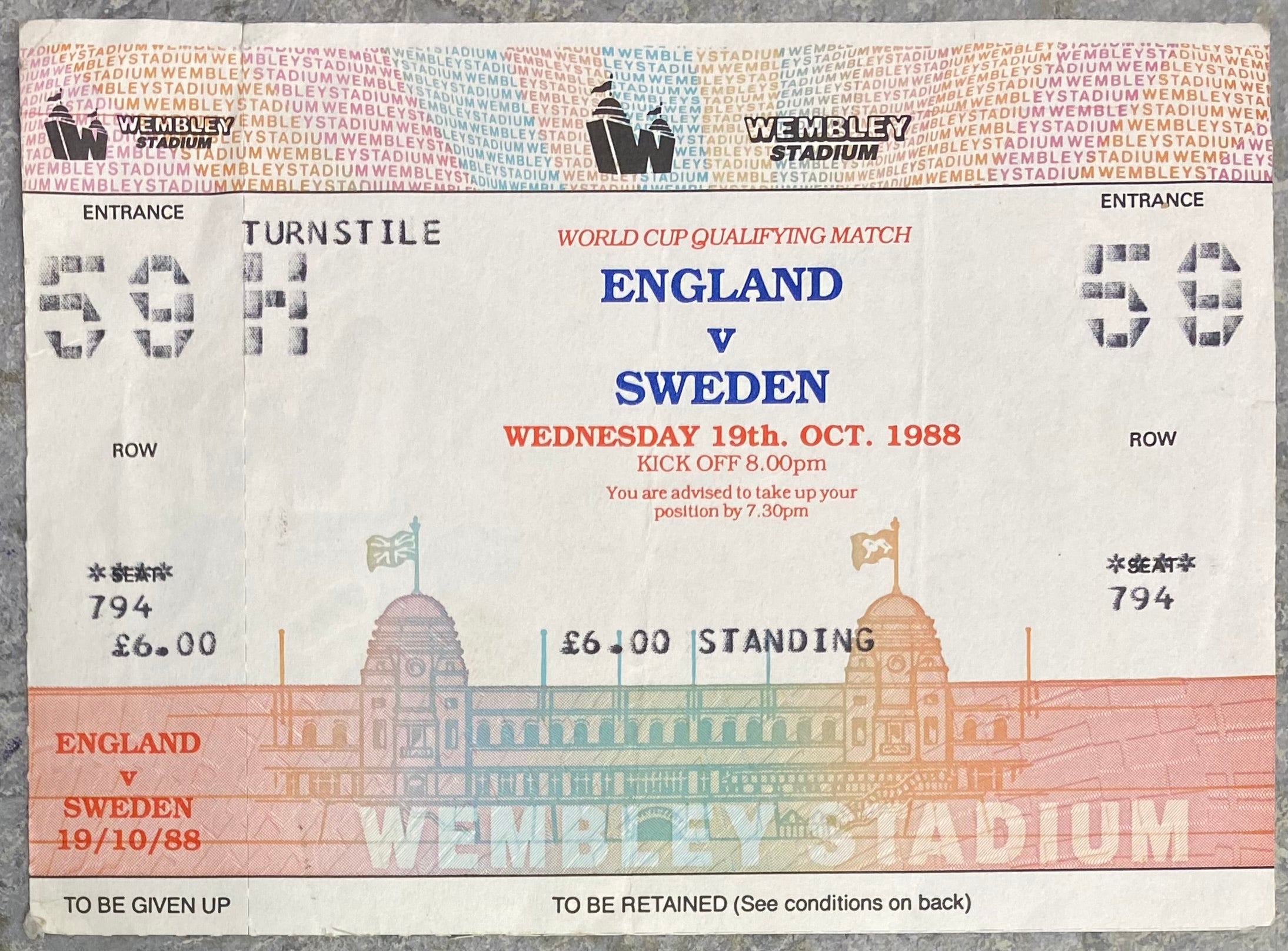 1989 ORIGINAL WORLD CUP QUALIFYING UNUSED TICKET ENGLAND V SWEDEN