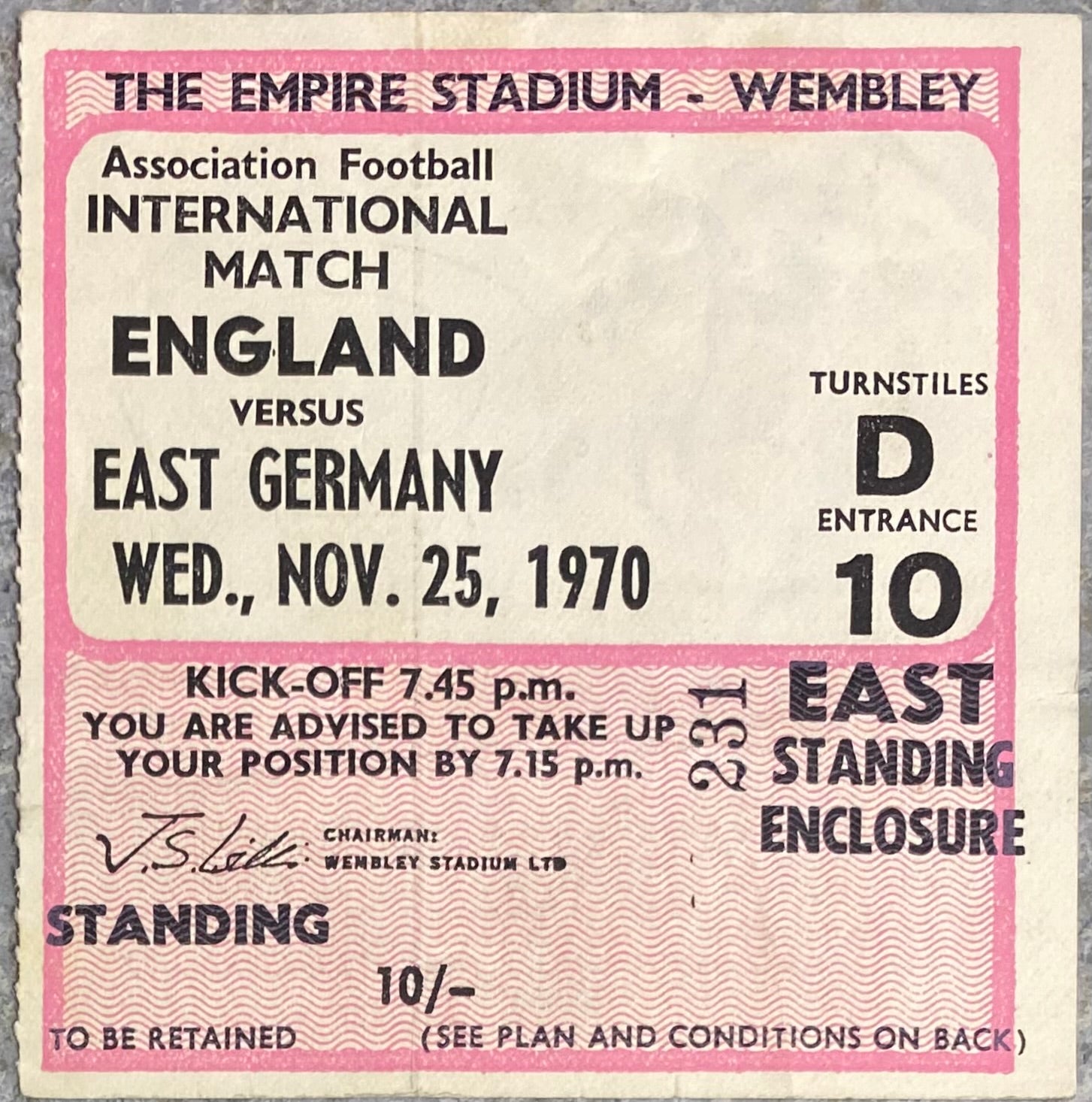 1970 ORIGINAL INTERNATIONAL TICKET ENGLAND V EAST GERMANY