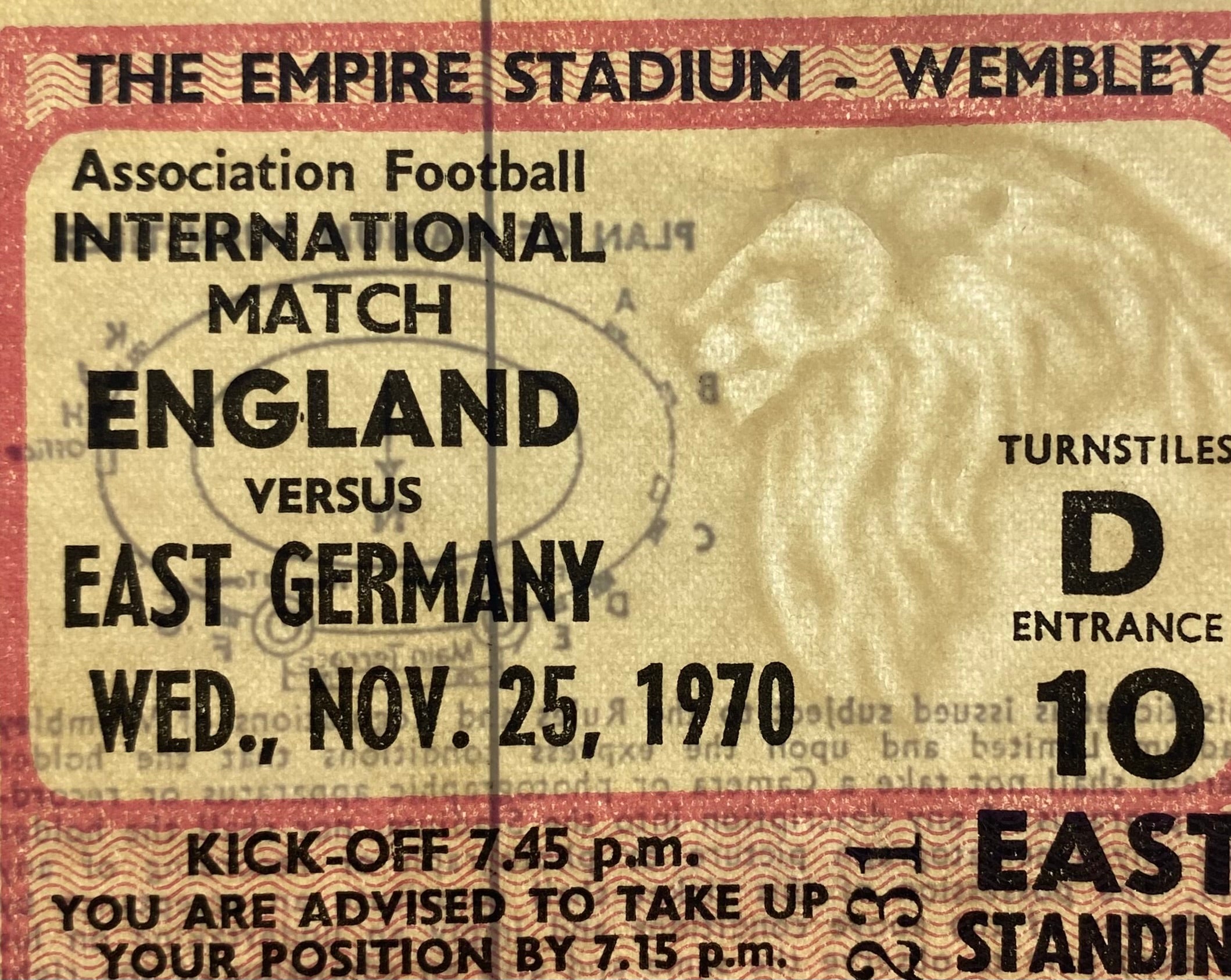 1970 ORIGINAL INTERNATIONAL TICKET ENGLAND V EAST GERMANY