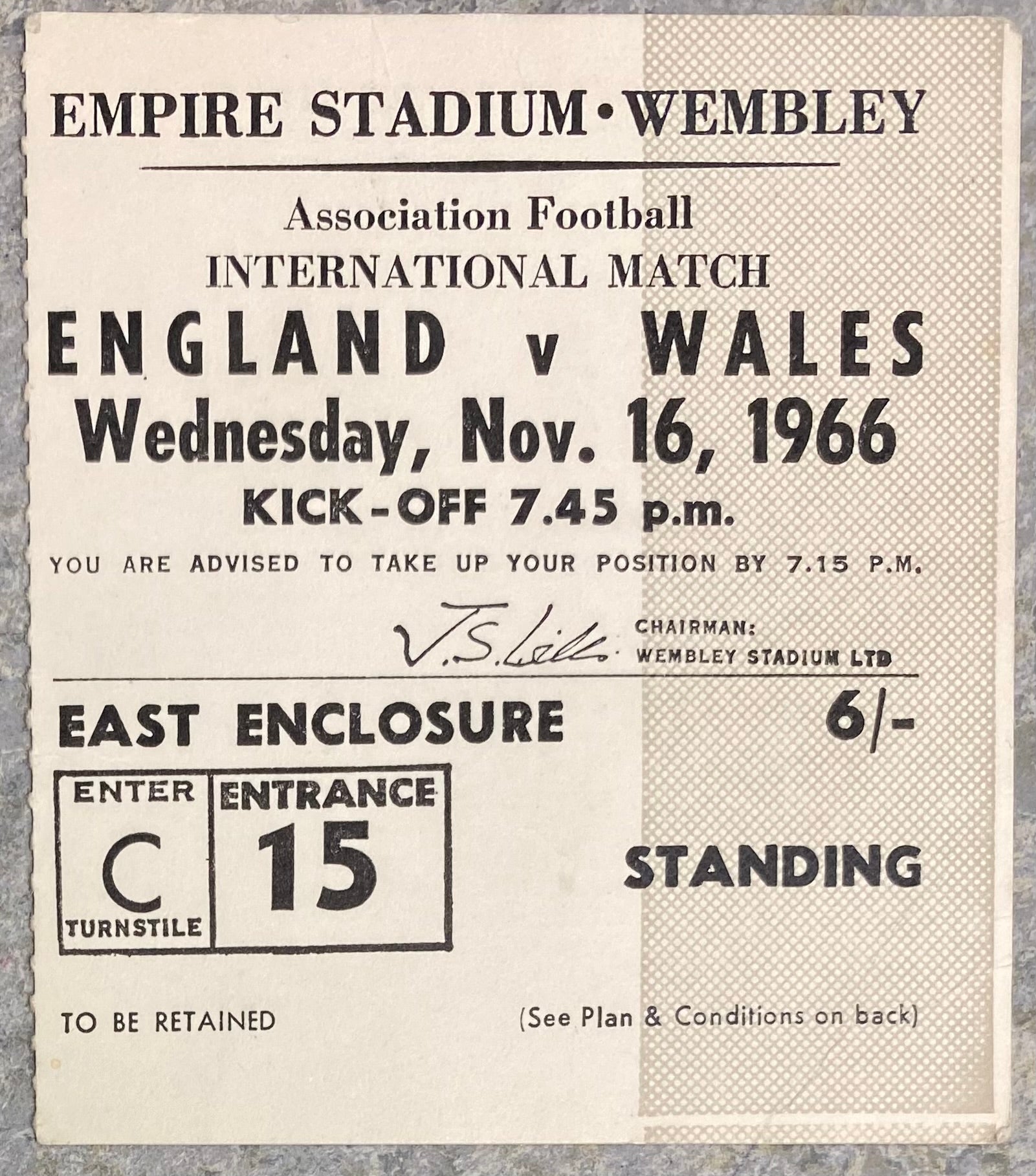 1966 ORIGINAL BRITISH HOME CHAMPIONSHIPS TICKET ENGLAND V WALES