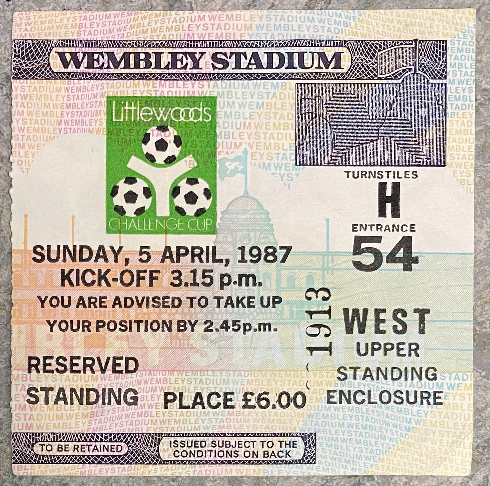 1987 ORIGINAL LITTLEWOODS CUP FINAL TICKET LIVERPOOL V ARSENAL