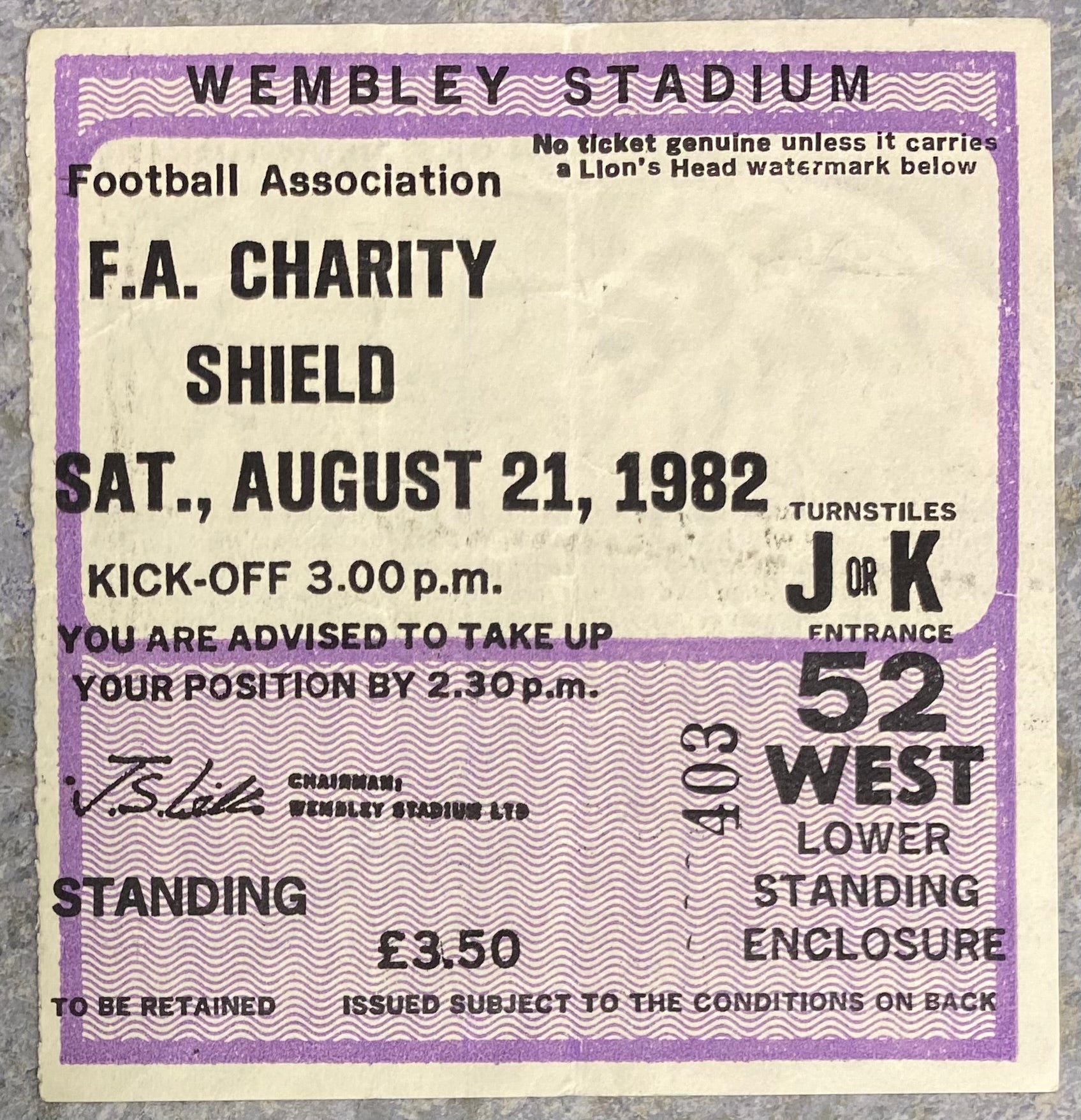 1982 ORIGINAL CHARITY SHIELD TICKET LIVERPOOL V TOTTENHAM HOTSPUR