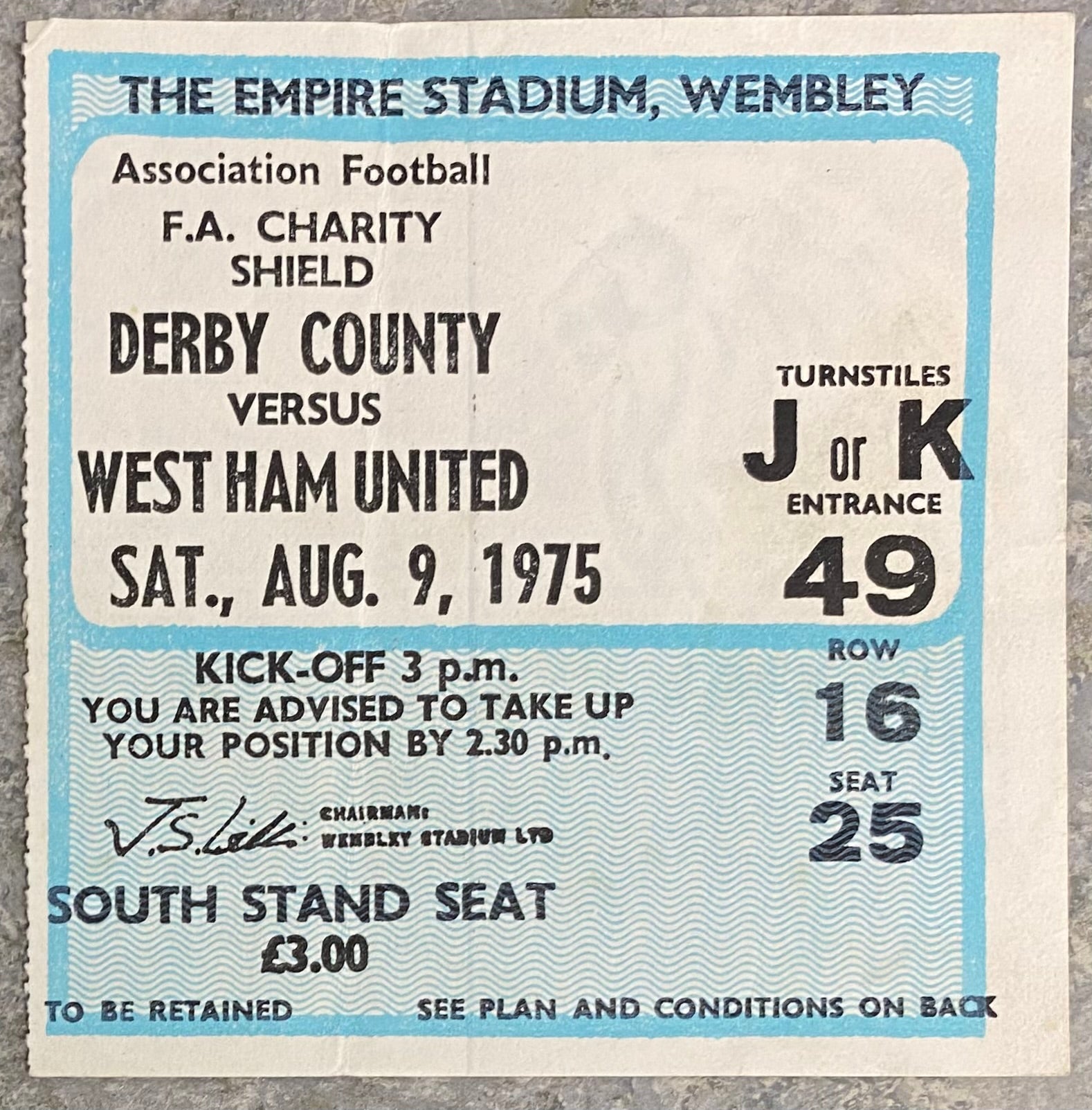 1975 ORIGINAL CHARITY SHIELD TICKET DERBY COUNTY V WEST HAM UNITED