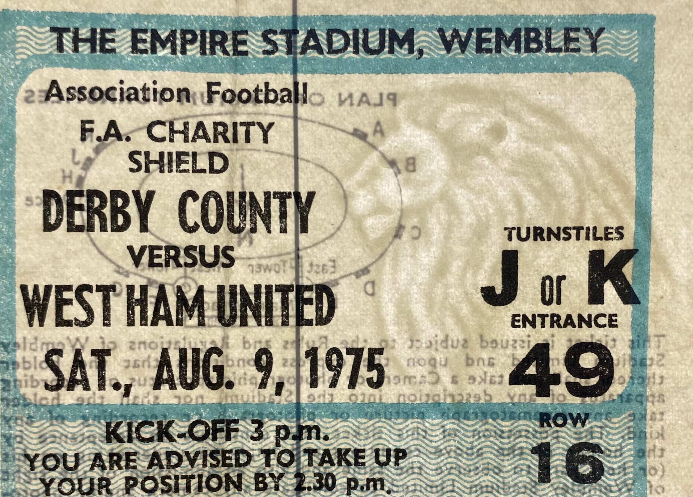 1975 ORIGINAL CHARITY SHIELD TICKET DERBY COUNTY V WEST HAM UNITED